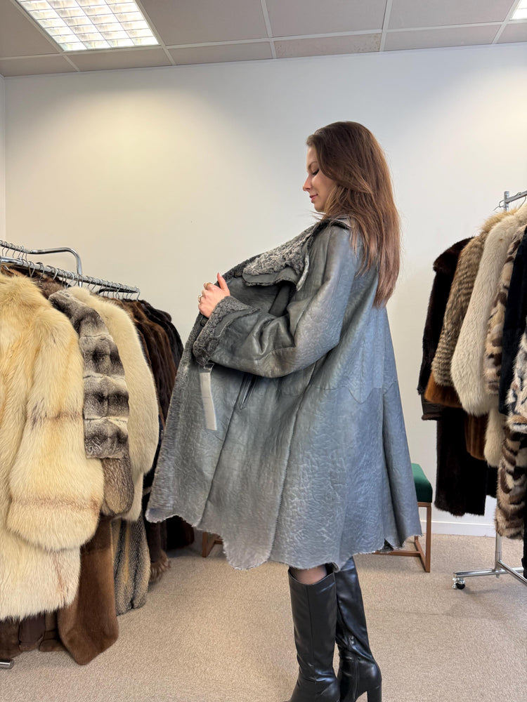 New Persian Swakara Coat, Grey Astrakhan Coat, Medium Size, Double Sided Fur Coat, Grey Fur Coat, Astrakhan Fur Coat, Fur Leather Coat