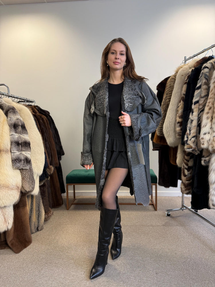 New Persian Swakara Coat, Grey Astrakhan Coat, Medium Size, Double Sided Fur Coat, Grey Fur Coat, Astrakhan Fur Coat, Fur Leather Coat