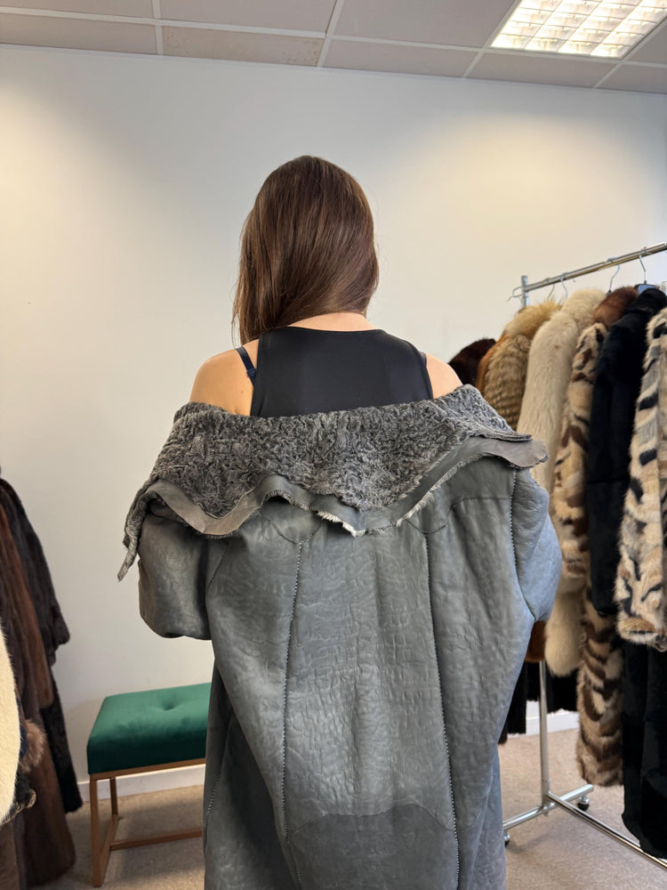 New Persian Swakara Coat, Grey Astrakhan Coat, Medium Size, Double Sided Fur Coat, Grey Fur Coat, Astrakhan Fur Coat, Fur Leather Coat