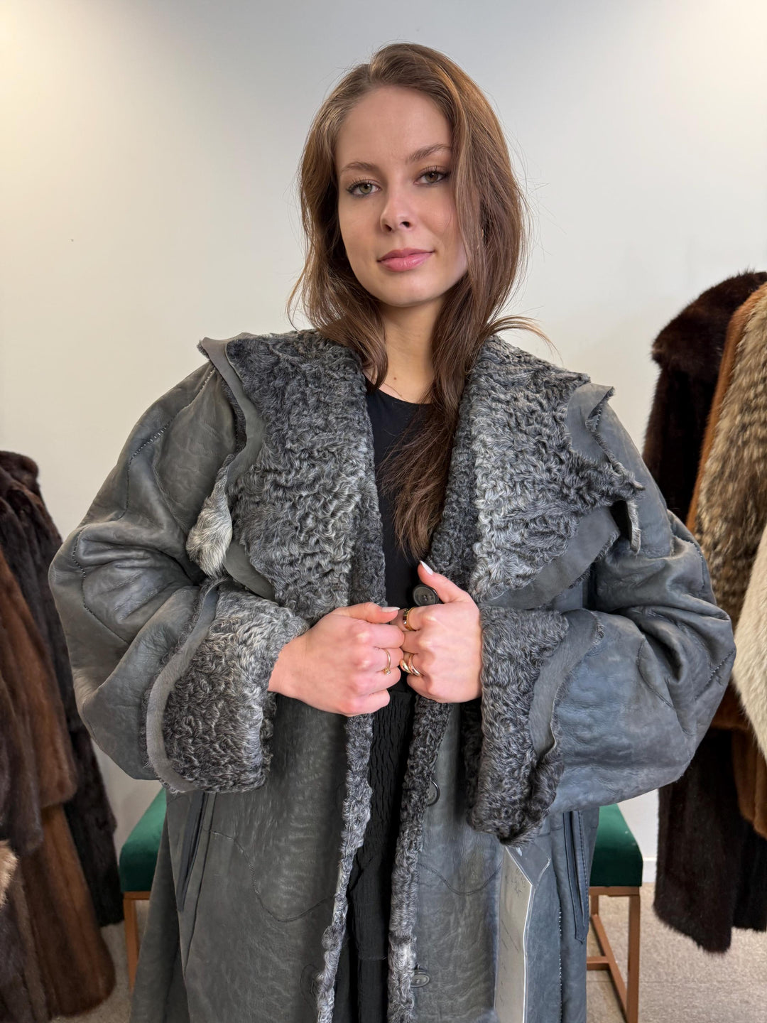 New Persian Swakara Coat, Grey Astrakhan Coat, Medium Size, Double Sided Fur Coat, Grey Fur Coat, Astrakhan Fur Coat, Fur Leather Coat