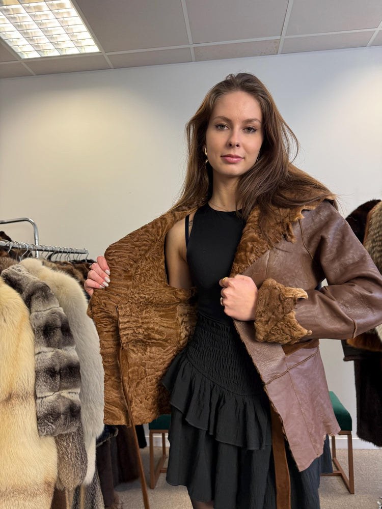 Astrakhan Leather Jacket, Double Sided Jacket, XS Size, Brown Leather Fur Jacket, Brown Astrakhan Jacket, Real Leather Fur Coat, Vintage