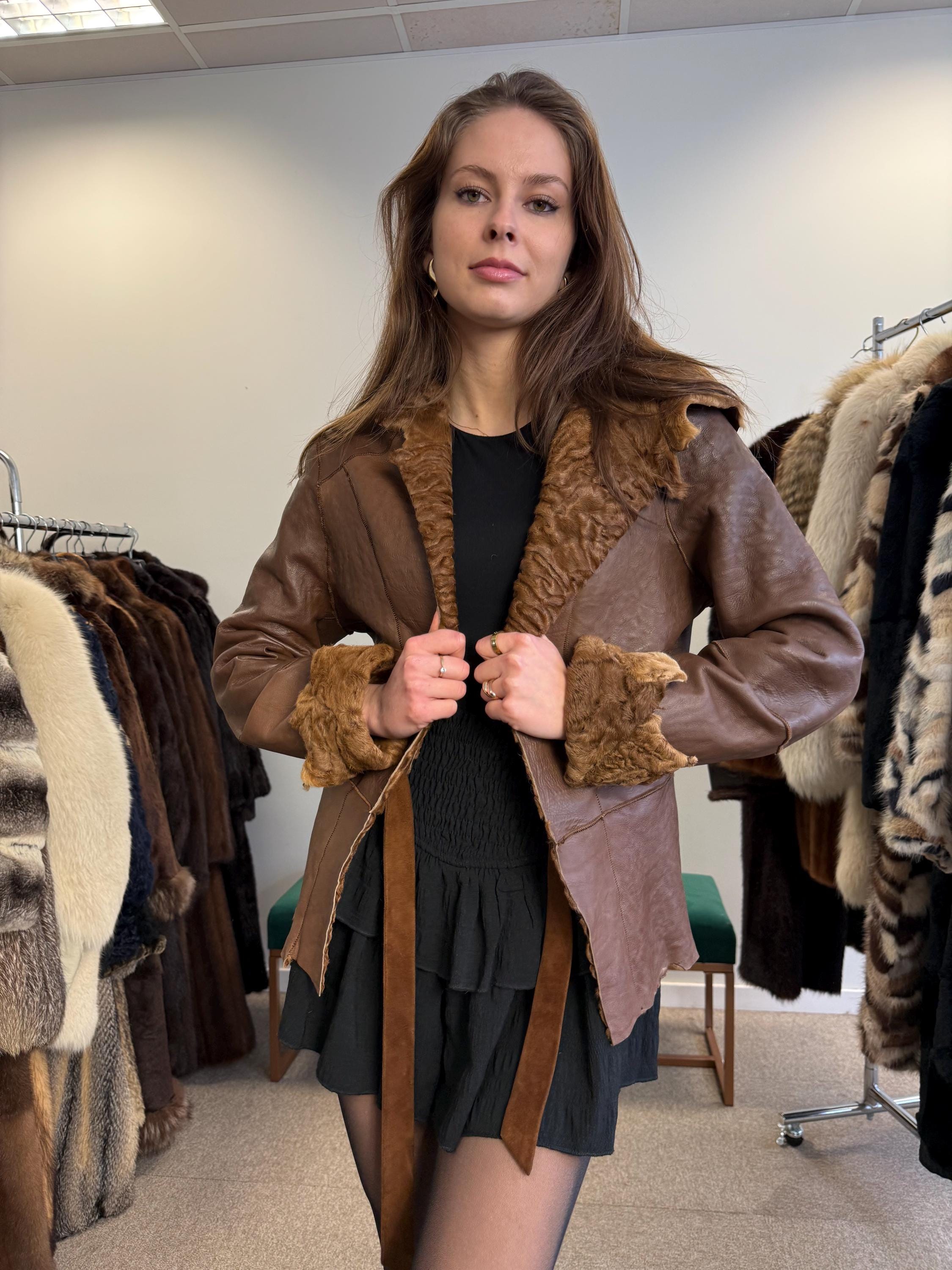 Astrakhan Leather Jacket, Double Sided Jacket, XS Size, Brown Leather Fur Jacket, Brown Astrakhan Jacket, Real Leather Fur Coat, Vintage