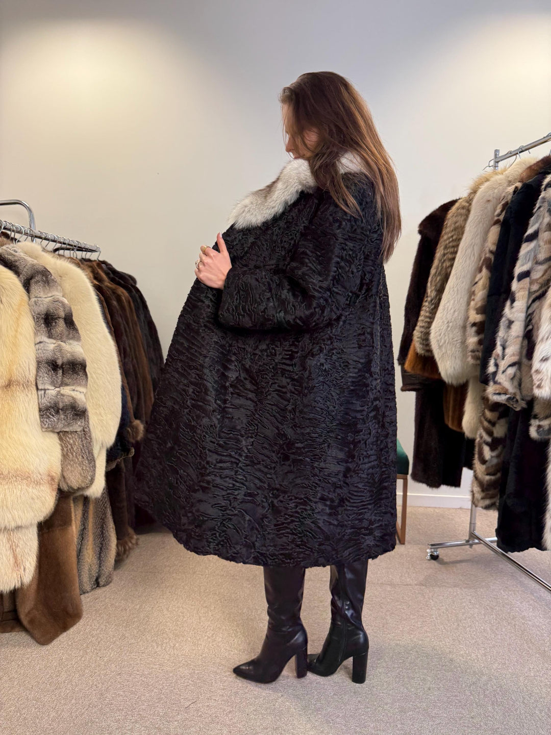 Black Astrakhan with Fox Fur Collar, Medium Size, Thick Fur Coat, Black Astrakhan Coat, Fox Collared Coat, Vintage Fur Coat