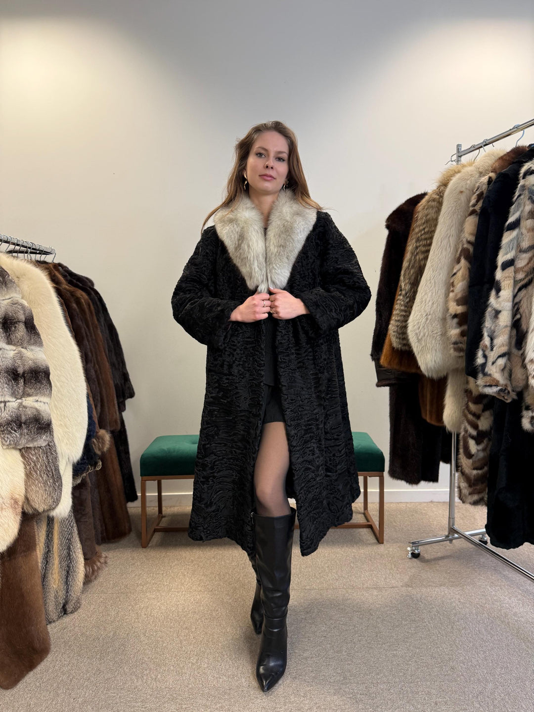 Black Astrakhan with Fox Fur Collar, Medium Size, Thick Fur Coat, Black Astrakhan Coat, Fox Collared Coat, Vintage Fur Coat