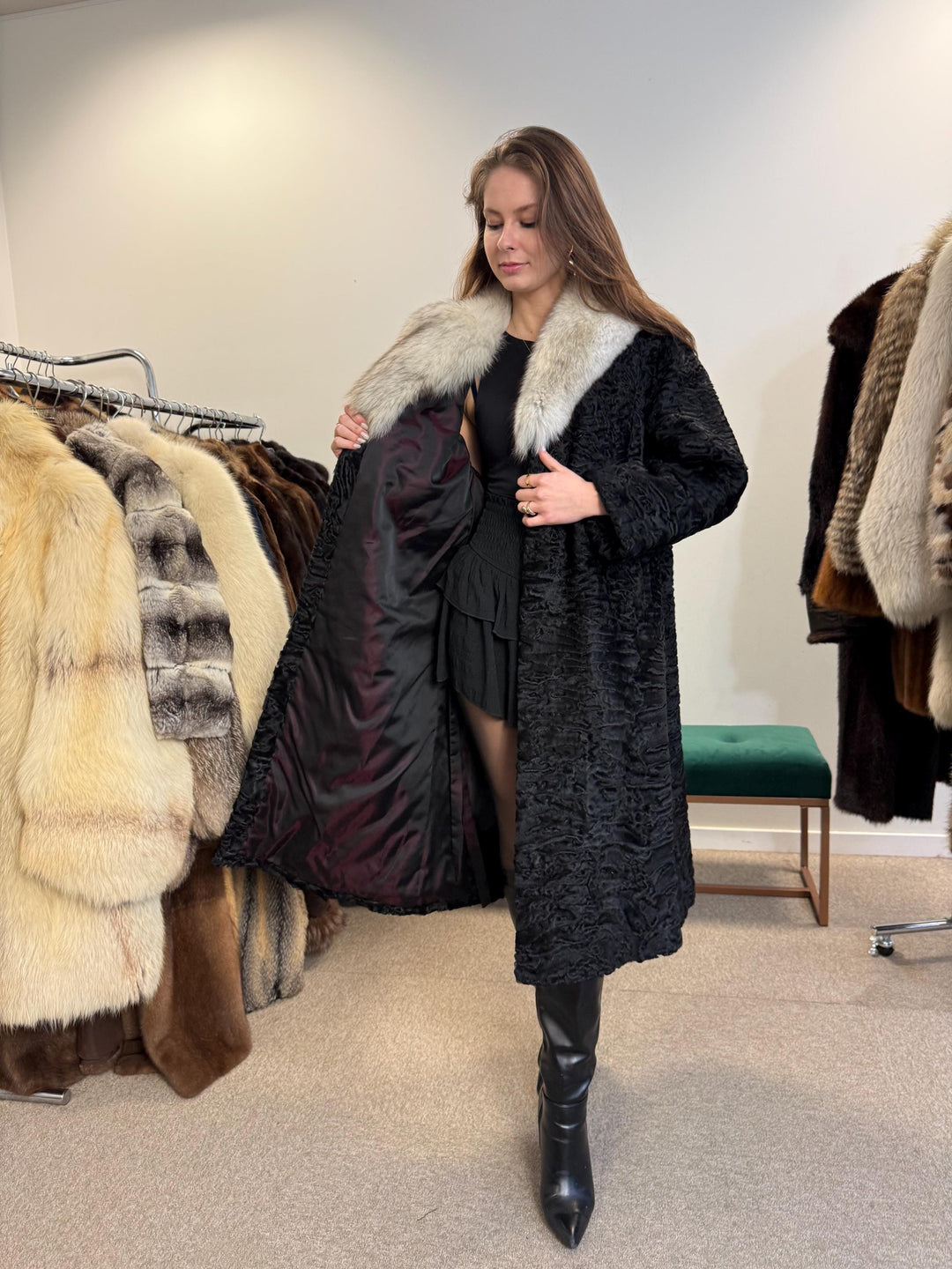 Black Astrakhan with Fox Fur Collar, Medium Size, Thick Fur Coat, Black Astrakhan Coat, Fox Collared Coat, Vintage Fur Coat