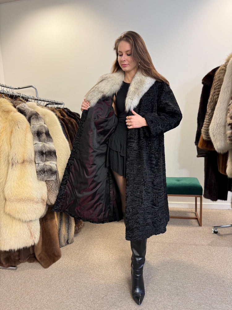 Black Astrakhan with Fox Fur Collar, Medium Size, Thick Fur Coat, Black Astrakhan Coat, Fox Collared Coat, Vintage Fur Coat