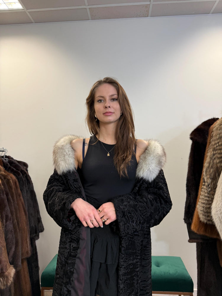 Black Astrakhan with Fox Fur Collar, Medium Size, Thick Fur Coat, Black Astrakhan Coat, Fox Collared Coat, Vintage Fur Coat