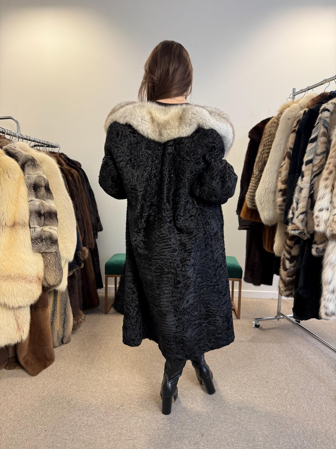Black Astrakhan with Fox Fur Collar, Medium Size, Thick Fur Coat, Black Astrakhan Coat, Fox Collared Coat, Vintage Fur Coat
