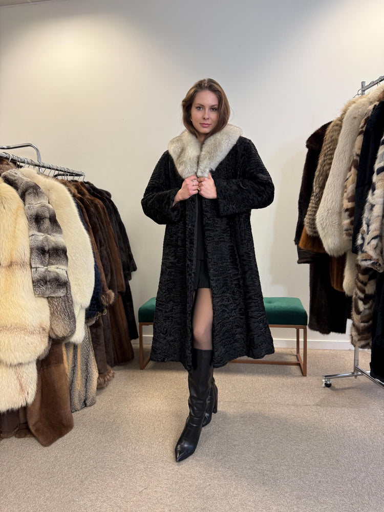 Black Astrakhan with Fox Fur Collar, Medium Size, Thick Fur Coat, Black Astrakhan Coat, Fox Collared Coat, Vintage Fur Coat