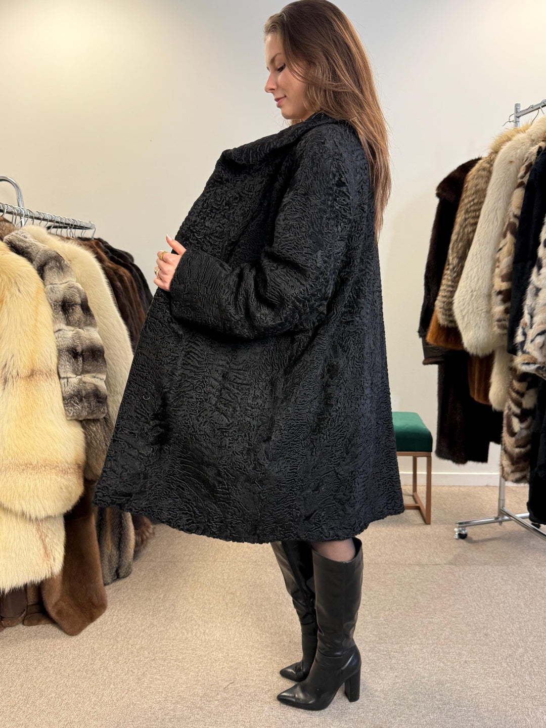 Black Astrakhan Coat, Thick Astrakhan Coat, XXL Size, Real Fur Coat, Vintage Fur Coat, Black Fur Coat, Women's Fur Coat