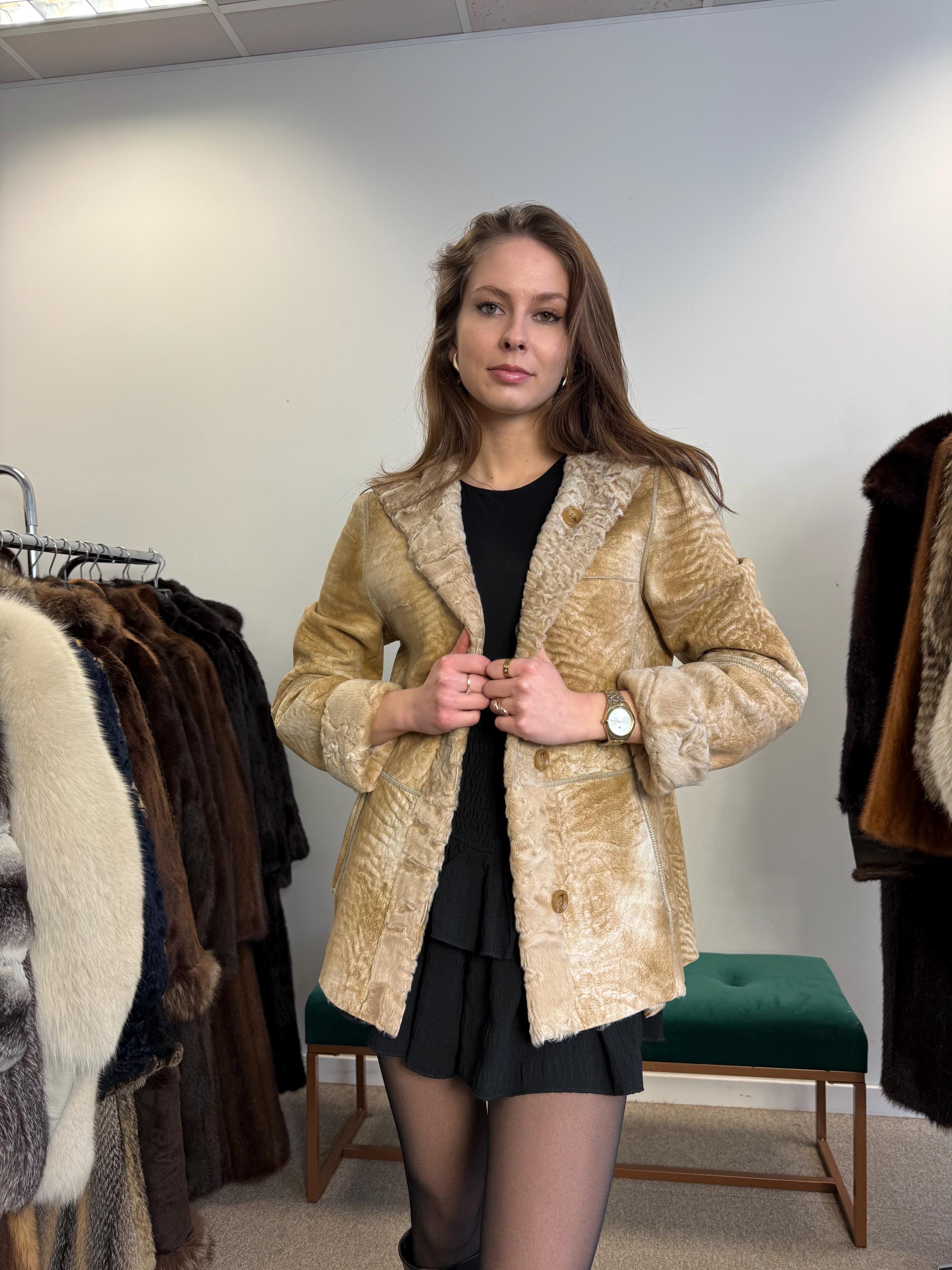 Double Sided Astrakhan Leather Jacket, XS Size, Golden Fur Coat, Real Fur Jacket, Vintage Fur Coat, Astrakhan Leather Jacket, Hooded Coat