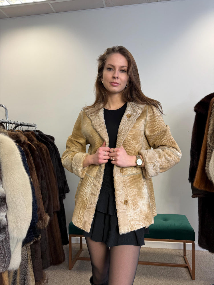 Double Sided Astrakhan Leather Jacket, XS Size, Golden Fur Coat, Real Fur Jacket, Vintage Fur Coat, Astrakhan Leather Jacket, Hooded Coat