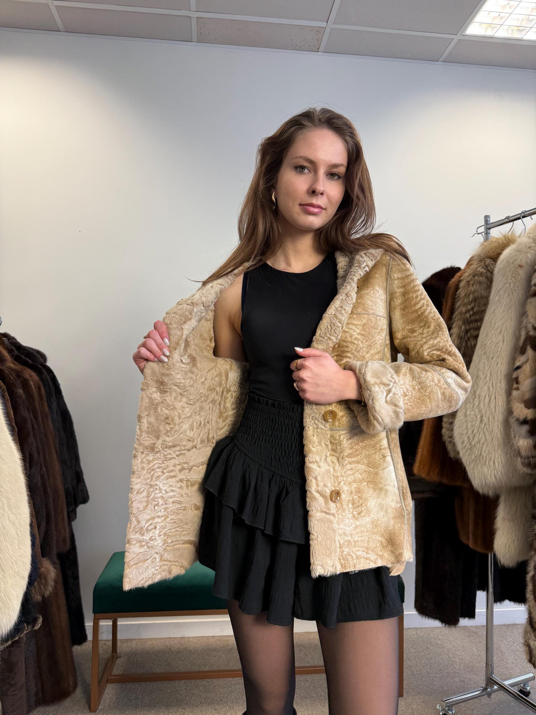 Double Sided Astrakhan Leather Jacket, XS Size, Golden Fur Coat, Real Fur Jacket, Vintage Fur Coat, Astrakhan Leather Jacket, Hooded Coat