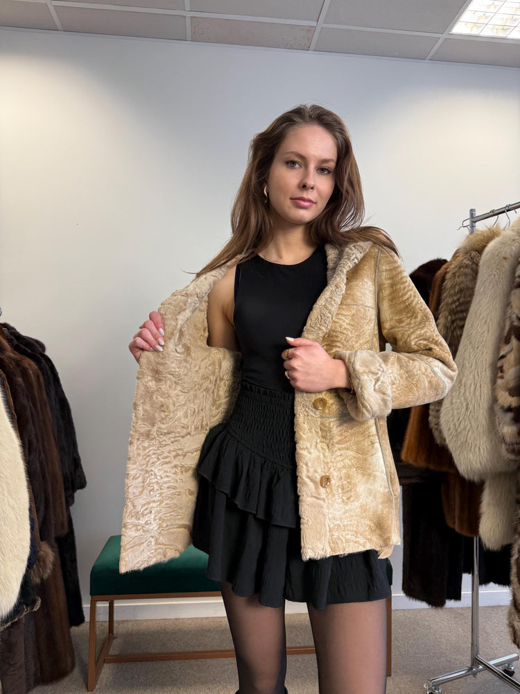 Double Sided Astrakhan Leather Jacket, XS Size, Golden Fur Coat, Real Fur Jacket, Vintage Fur Coat, Astrakhan Leather Jacket, Hooded Coat