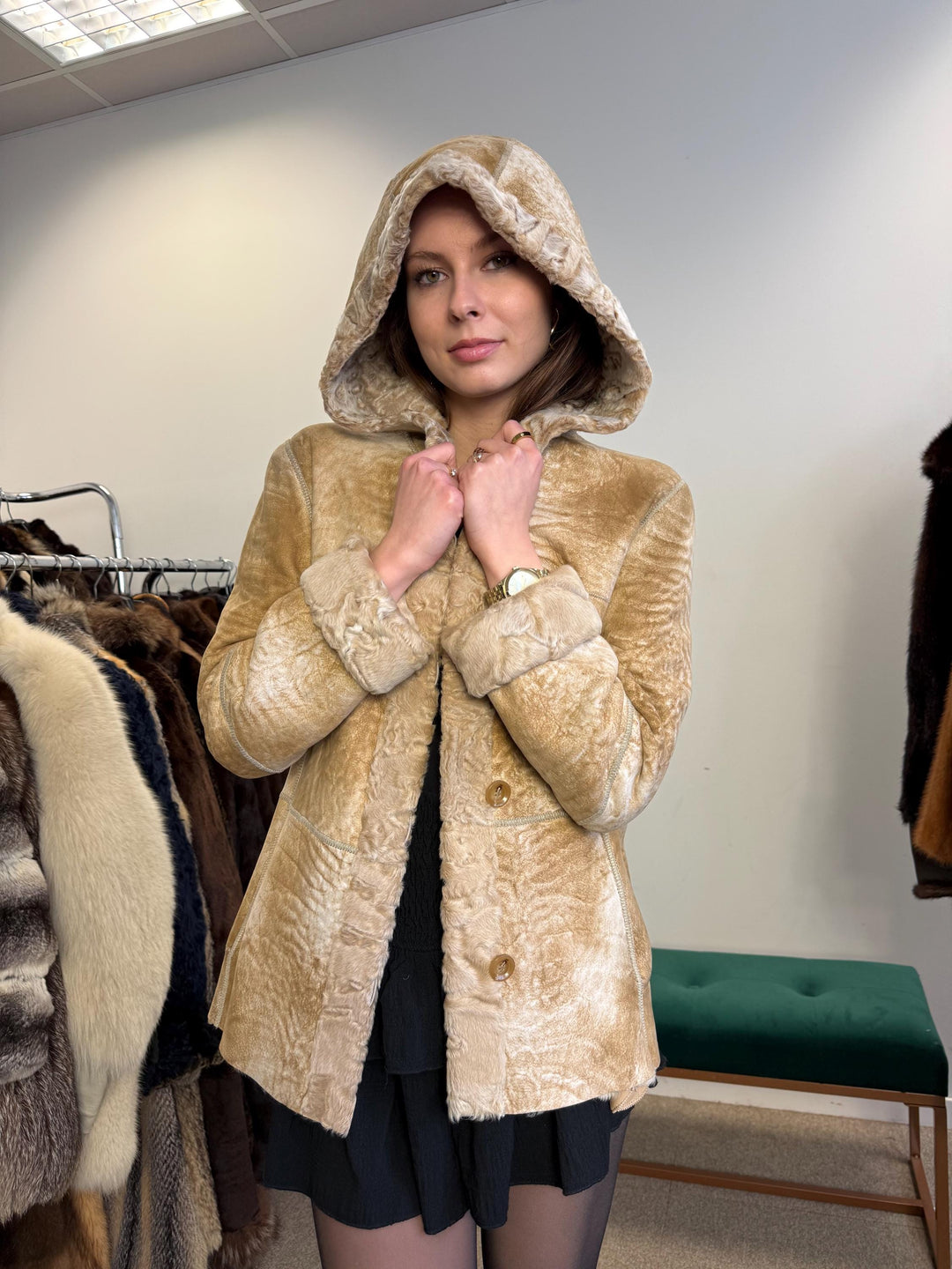 Double Sided Astrakhan Leather Jacket, XS Size, Golden Fur Coat, Real Fur Jacket, Vintage Fur Coat, Astrakhan Leather Jacket, Hooded Coat