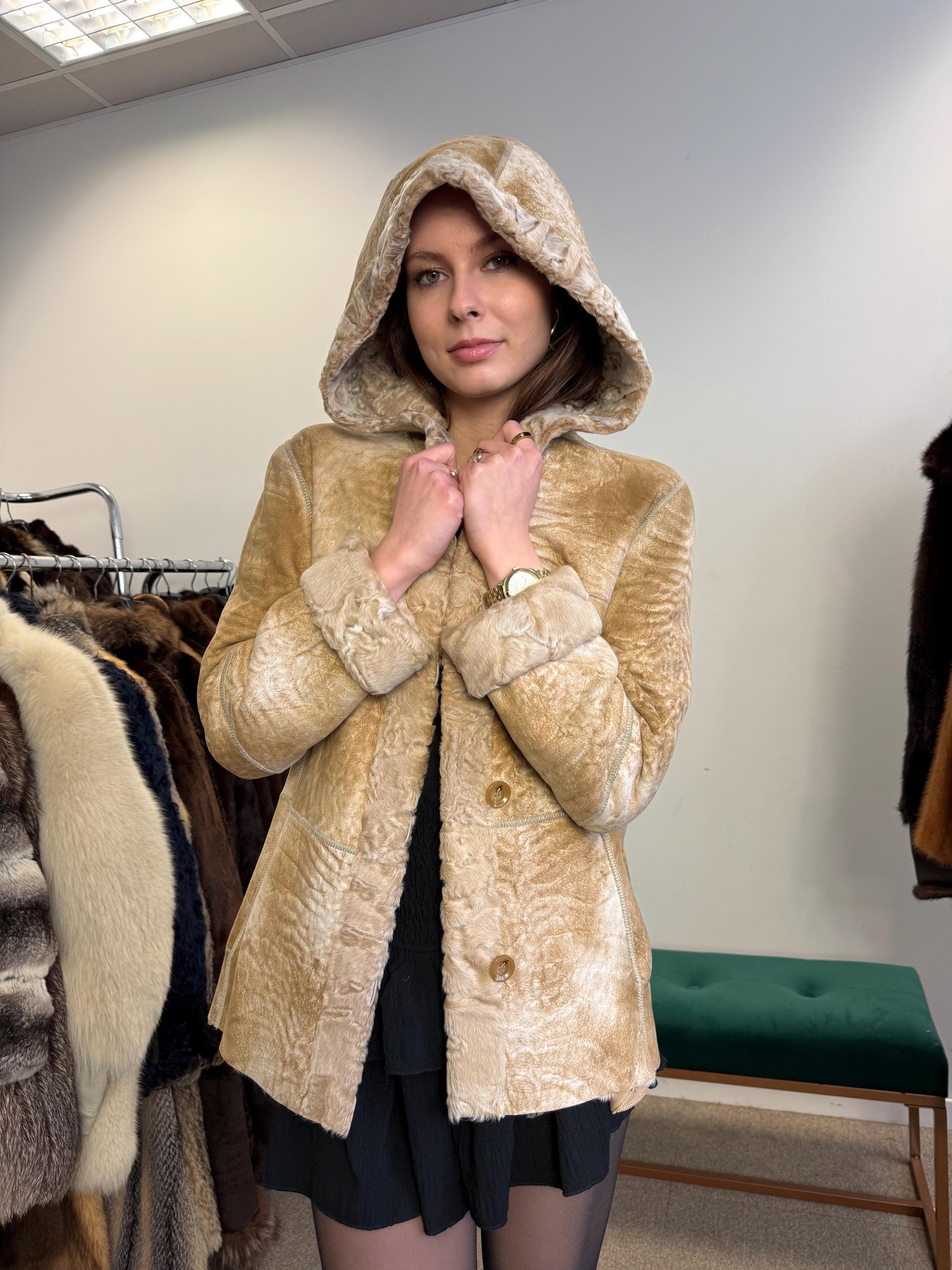 Double Sided Astrakhan Leather Jacket, XS Size, Golden Fur Coat, Real Fur Jacket, Vintage Fur Coat, Astrakhan Leather Jacket, Hooded Coat