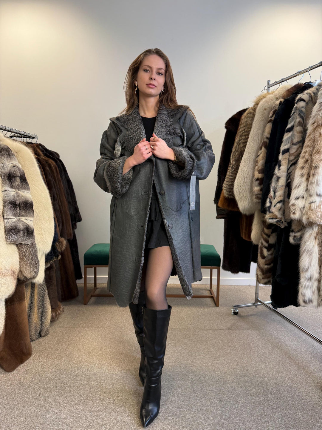 New Persian Swakara Coat, Grey Astrakhan Coat, Medium Size, Double Sided Fur Coat, Grey Fur Coat, Astrakhan Fur Coat, Fur Leather Coat