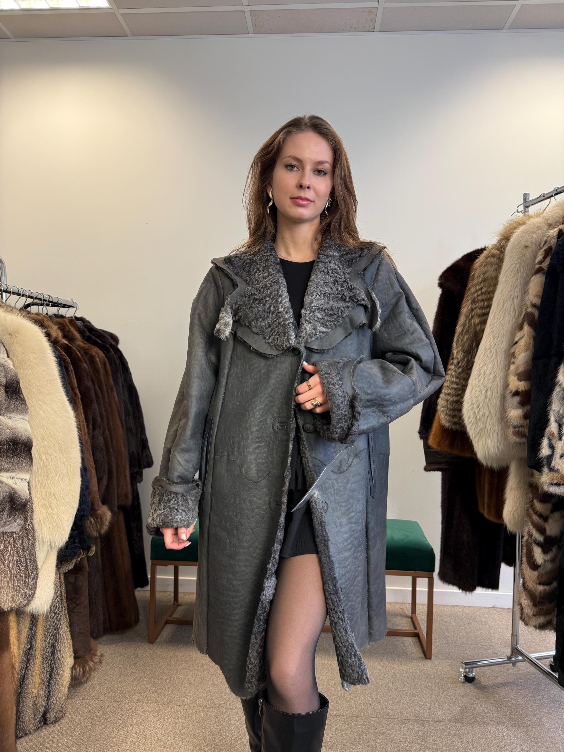 New Persian Swakara Coat, Grey Astrakhan Coat, Medium Size, Double Sided Fur Coat, Grey Fur Coat, Astrakhan Fur Coat, Fur Leather Coat