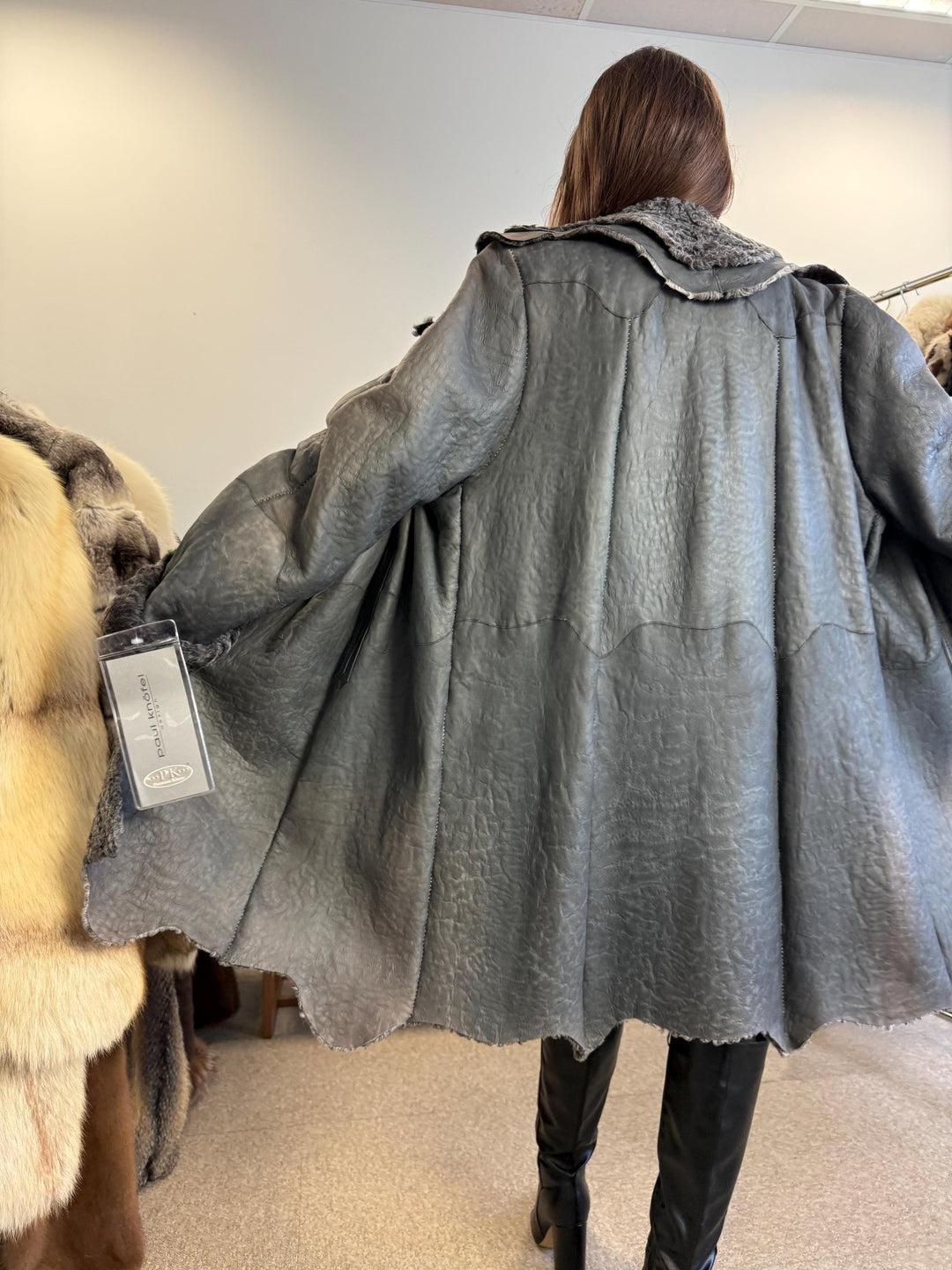 New Persian Swakara Coat, Grey Astrakhan Coat, Medium Size, Double Sided Fur Coat, Grey Fur Coat, Astrakhan Fur Coat, Fur Leather Coat