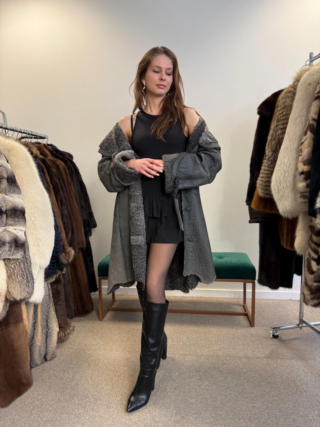 New Persian Swakara Coat, Grey Astrakhan Coat, Medium Size, Double Sided Fur Coat, Grey Fur Coat, Astrakhan Fur Coat, Fur Leather Coat