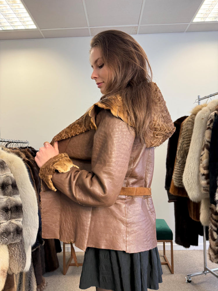 Astrakhan Leather Jacket, Double Sided Jacket, XS Size, Brown Leather Fur Jacket, Brown Astrakhan Jacket, Real Leather Fur Coat, Vintage