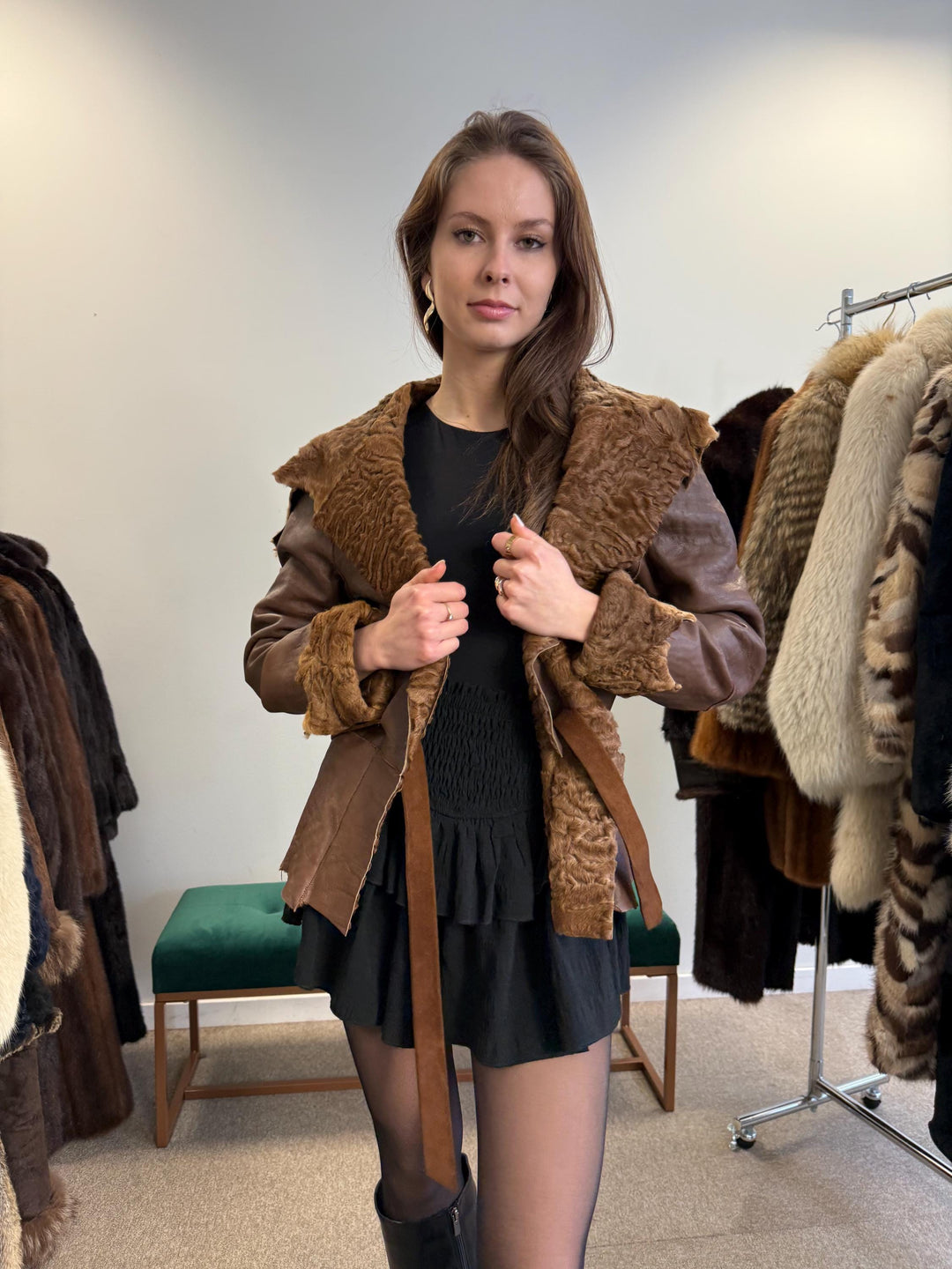 Astrakhan Leather Jacket, Double Sided Jacket, XS Size, Brown Leather Fur Jacket, Brown Astrakhan Jacket, Real Leather Fur Coat, Vintage