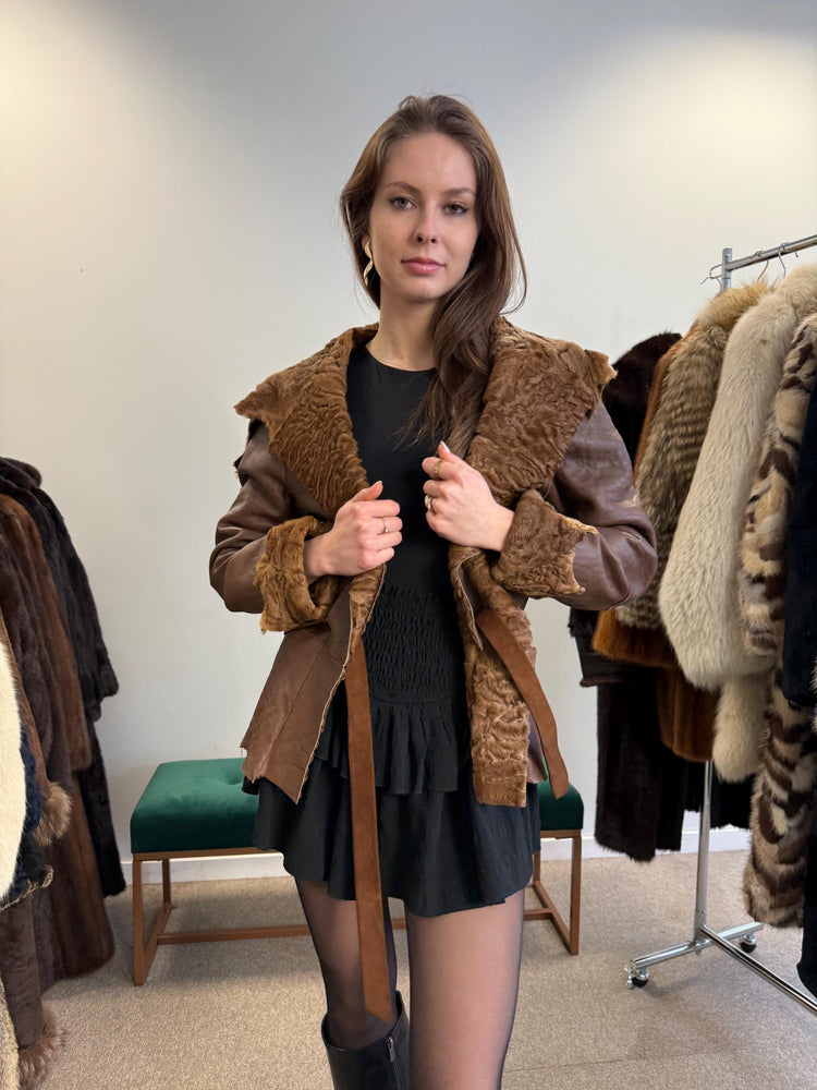 Astrakhan Leather Jacket, Double Sided Jacket, XS Size, Brown Leather Fur Jacket, Brown Astrakhan Jacket, Real Leather Fur Coat, Vintage