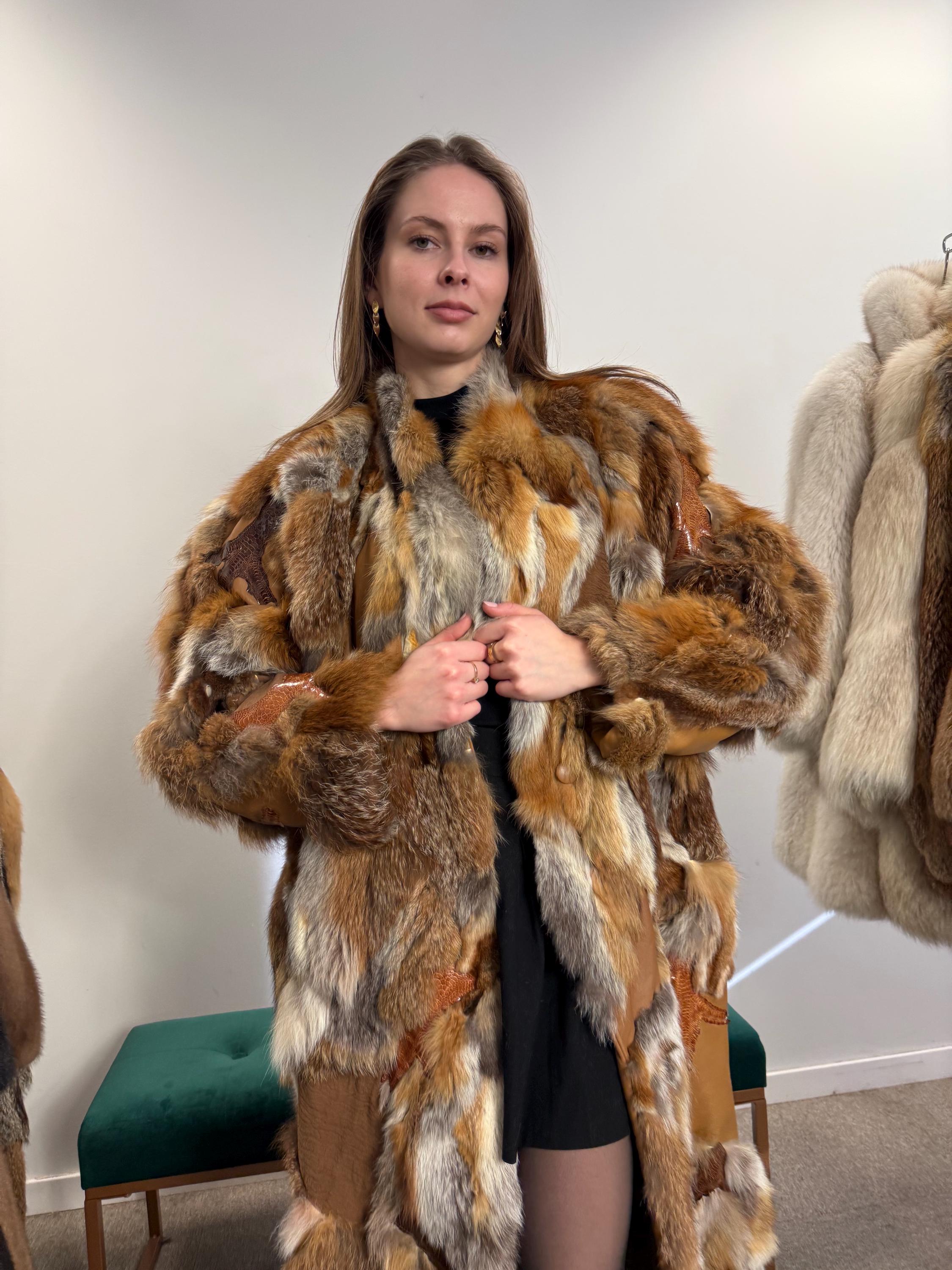 Cozy Red Fox Fur Coat With Leather, Small Size Red Fox Fur Coat, fox fur coat, red fox fur coat, vintage fur coat, real fox fur, red fox fur