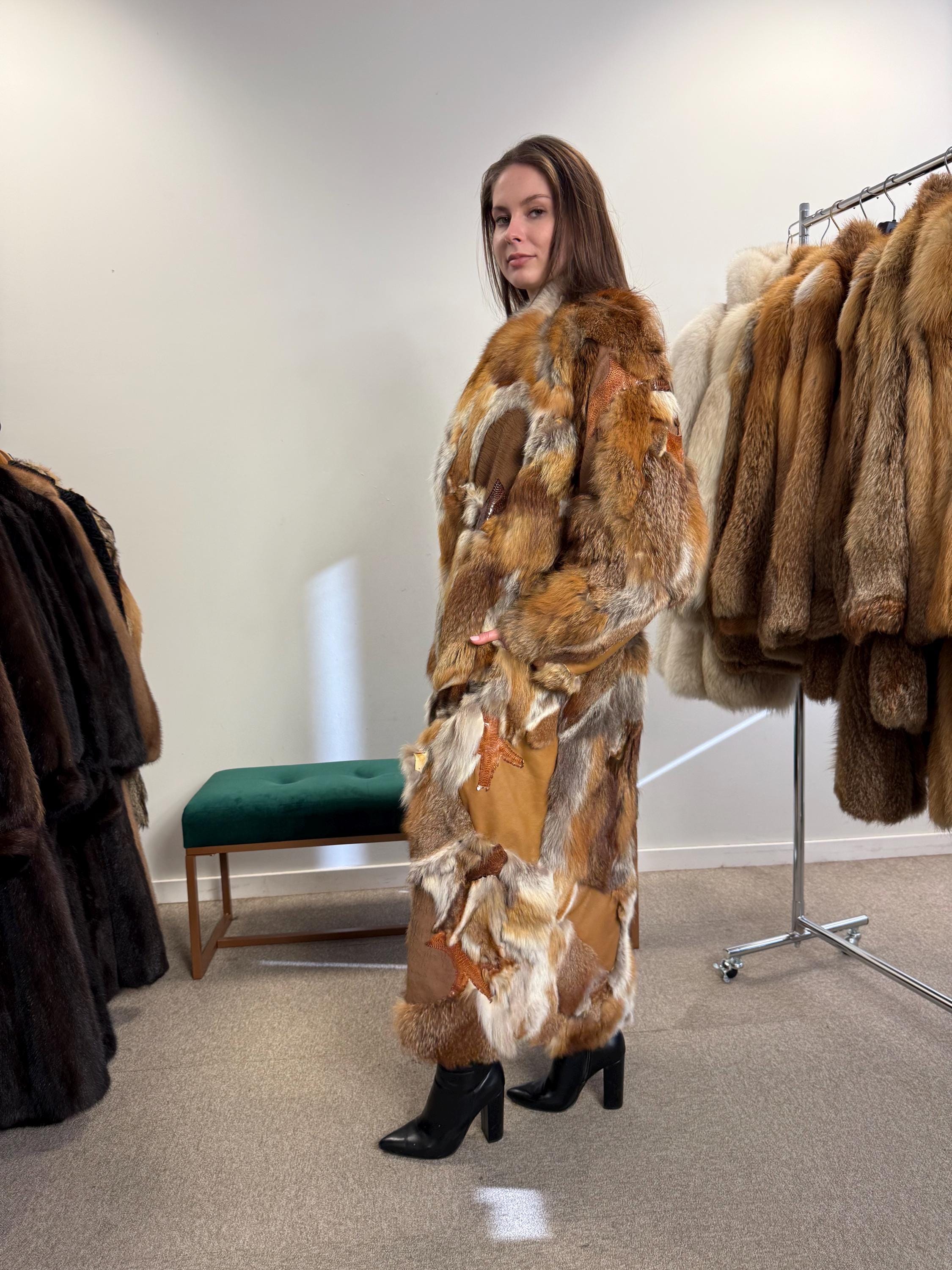 Cozy Red Fox Fur Coat With Leather, Small Size Red Fox Fur Coat, fox fur coat, red fox fur coat, vintage fur coat, real fox fur, red fox fur