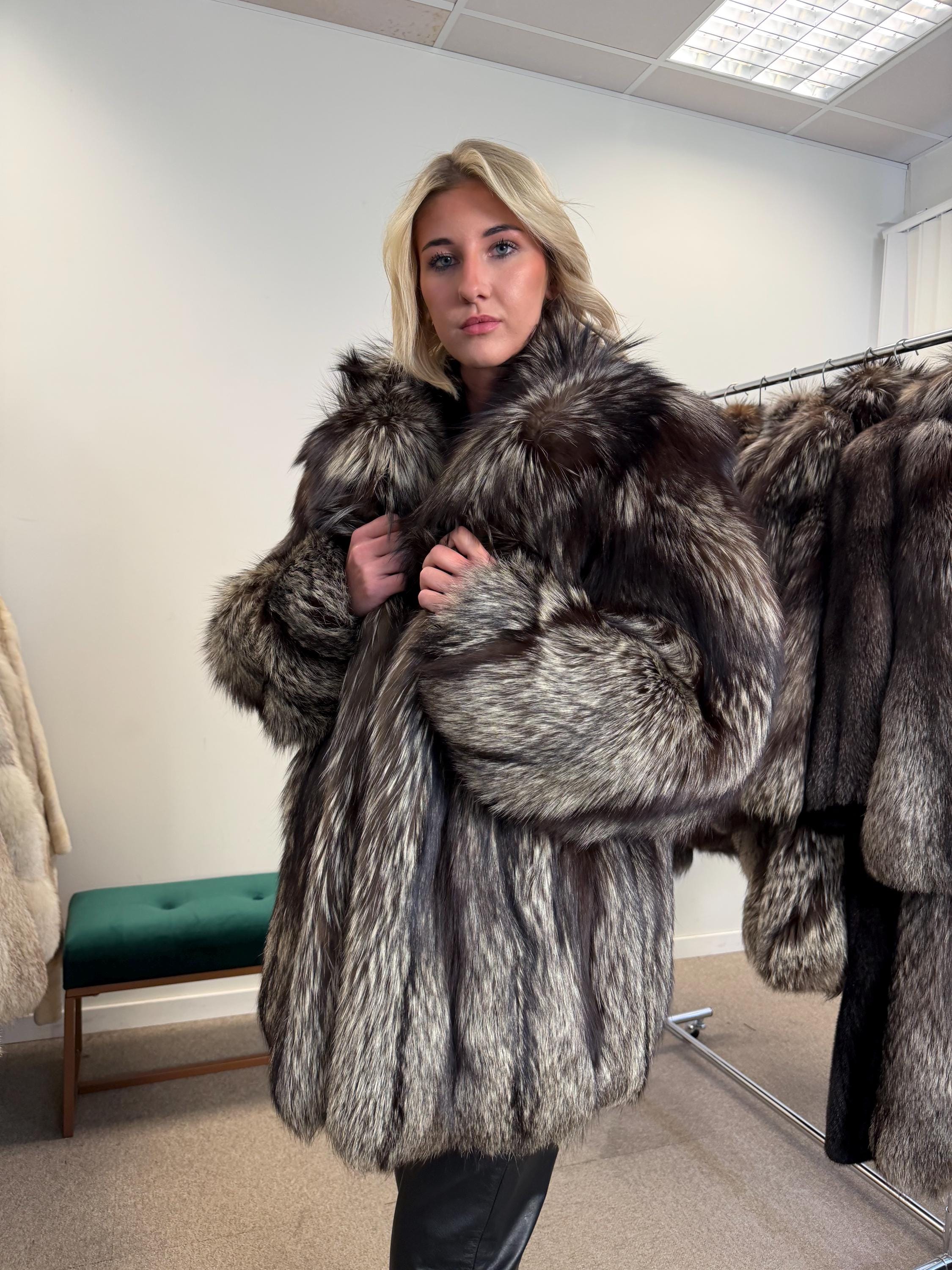 Silver Fox Fur Coat, Medium Size, Soft and Fluffy Fox Fur, Genuine Silver Fox, Luxurious & Elegant Fur Coat, French Brand, Rare Design Coat