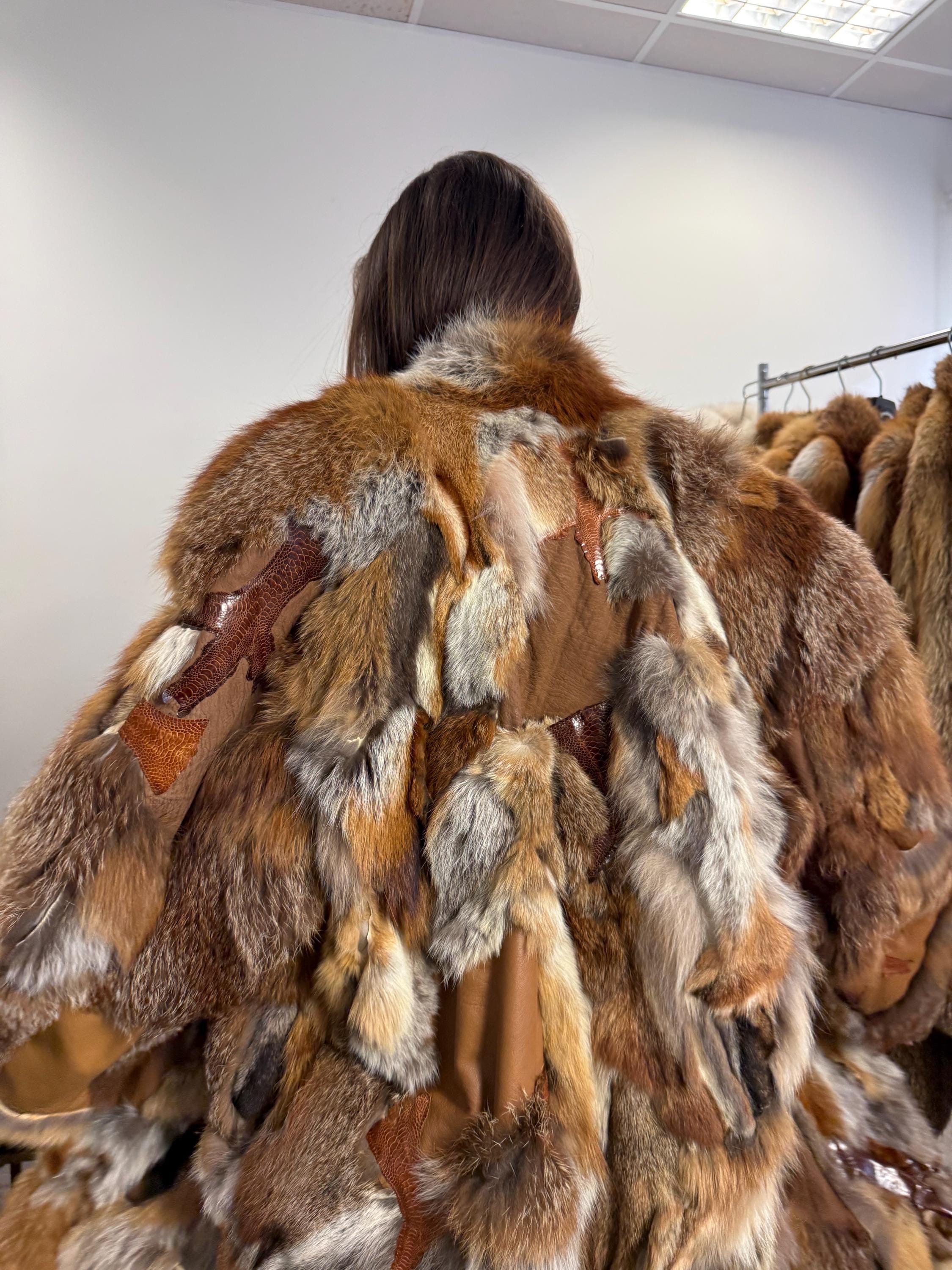 Cozy Red Fox Fur Coat With Leather, Small Size Red Fox Fur Coat, fox fur coat, red fox fur coat, vintage fur coat, real fox fur, red fox fur