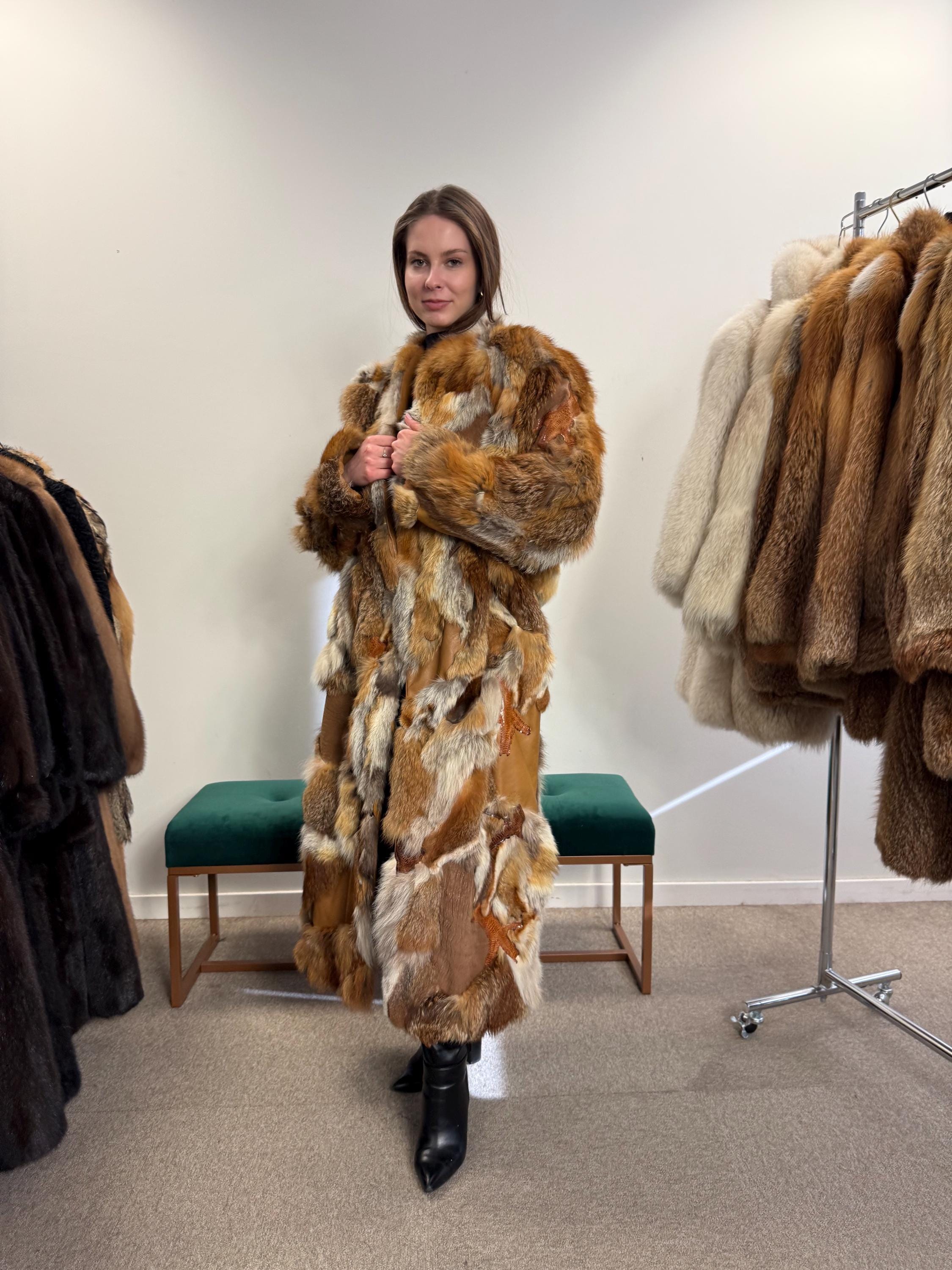 Cozy Red Fox Fur Coat With Leather, Small Size Red Fox Fur Coat, fox fur coat, red fox fur coat, vintage fur coat, real fox fur, red fox fur