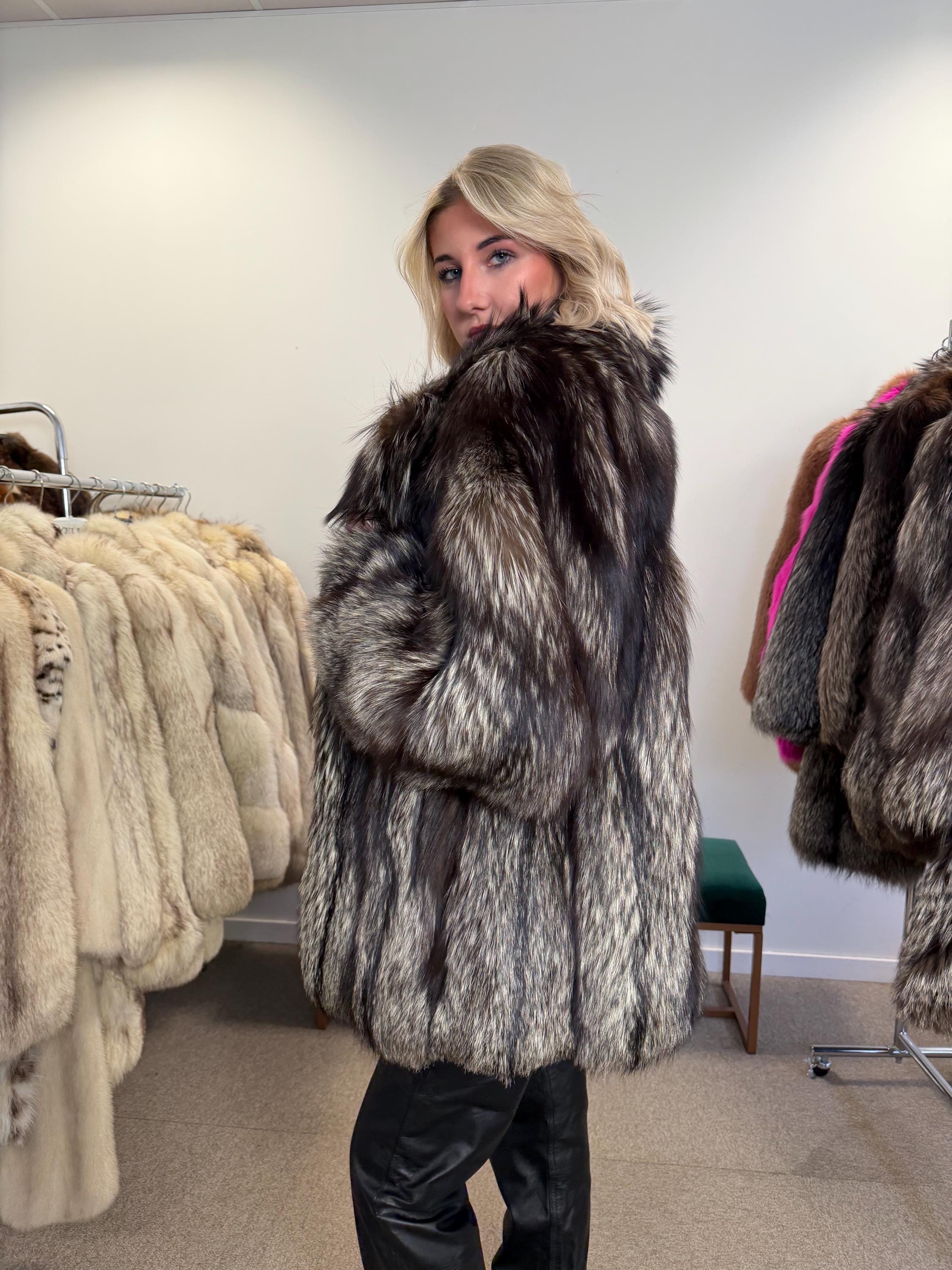 Silver Fox Fur Coat, Medium Size, Soft and Fluffy Fox Fur, Genuine Silver Fox, Luxurious & Elegant Fur Coat, French Brand, Rare Design Coat
