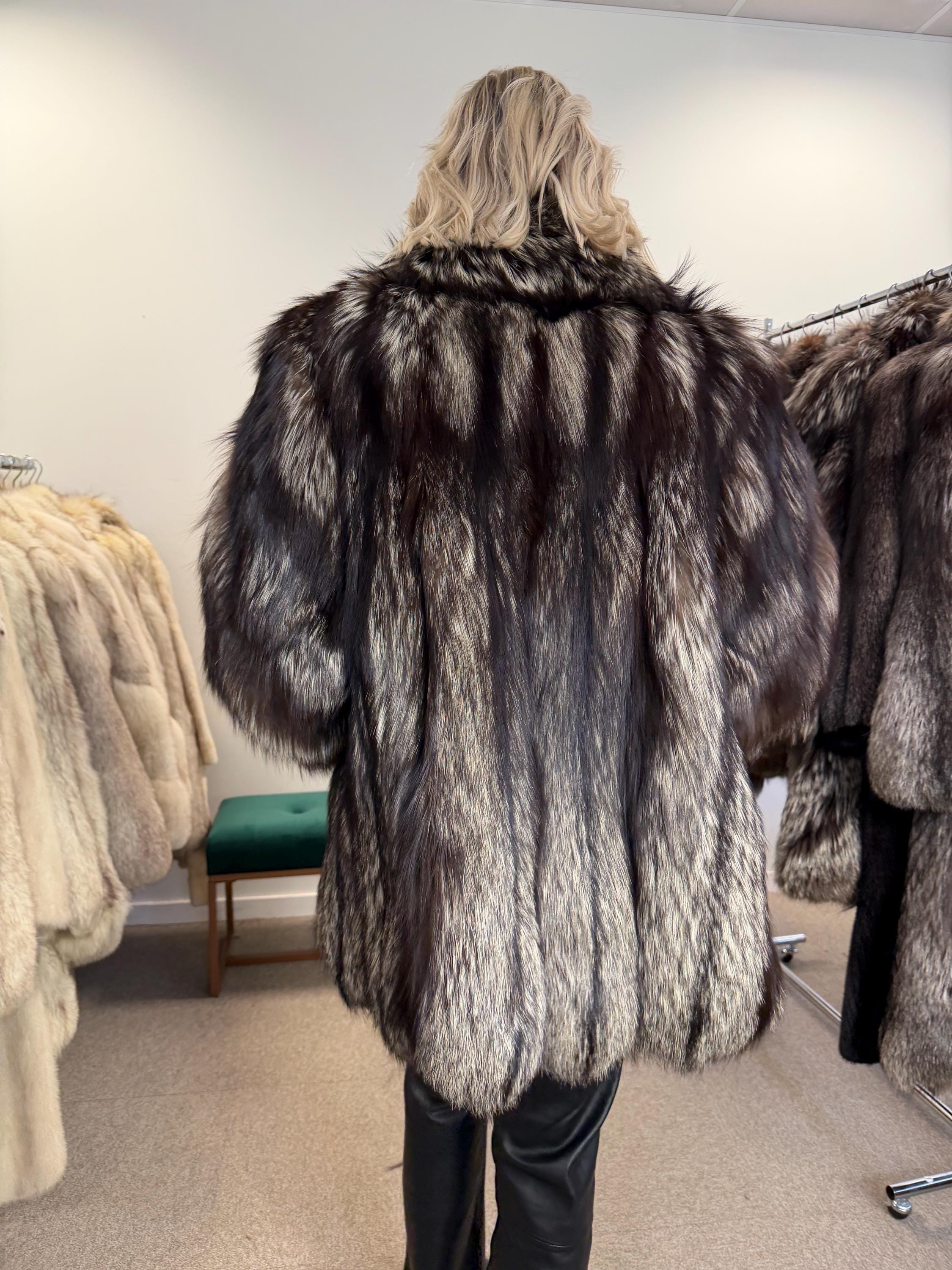 Silver Fox Fur Coat, Medium Size, Soft and Fluffy Fox Fur, Genuine Silver Fox, Luxurious & Elegant Fur Coat, French Brand, Rare Design Coat