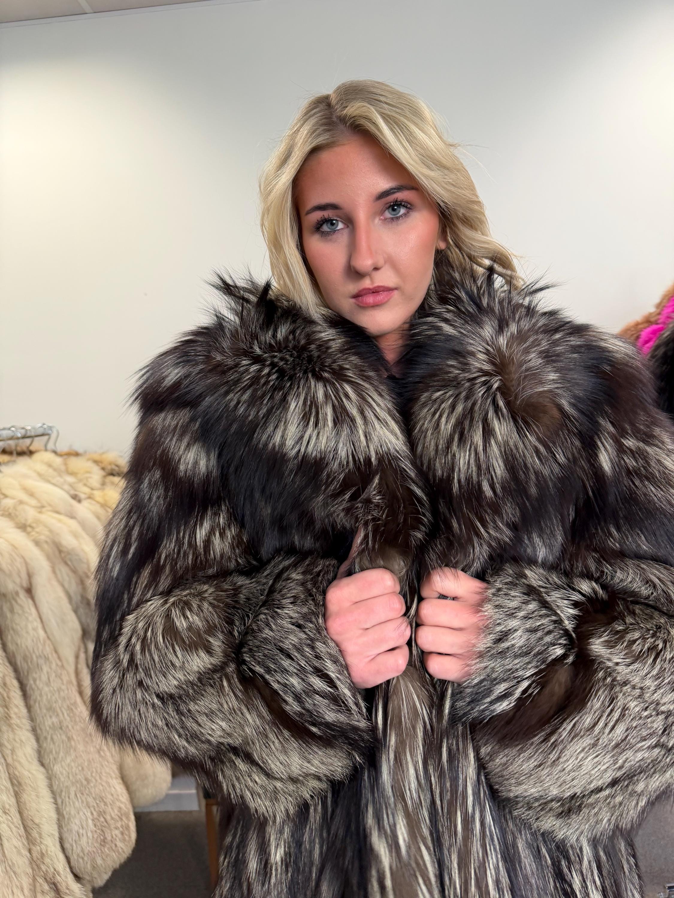 Silver Fox Fur Coat, Medium Size, Soft and Fluffy Fox Fur, Genuine Silver Fox, Luxurious & Elegant Fur Coat, French Brand, Rare Design Coat