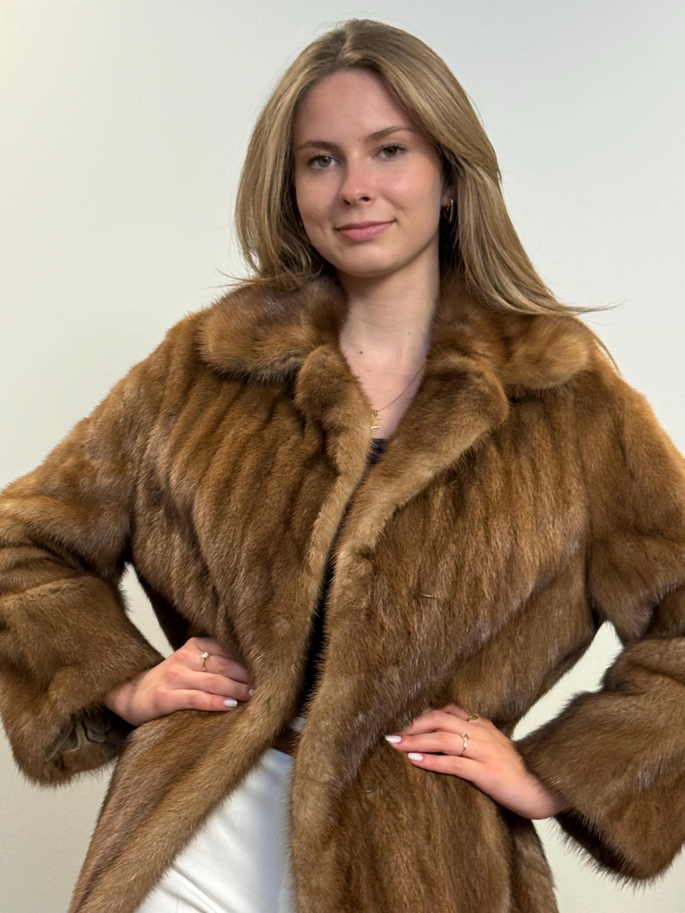 Real pastel mink coat, open front view, women’s large size, soft and thick fur.