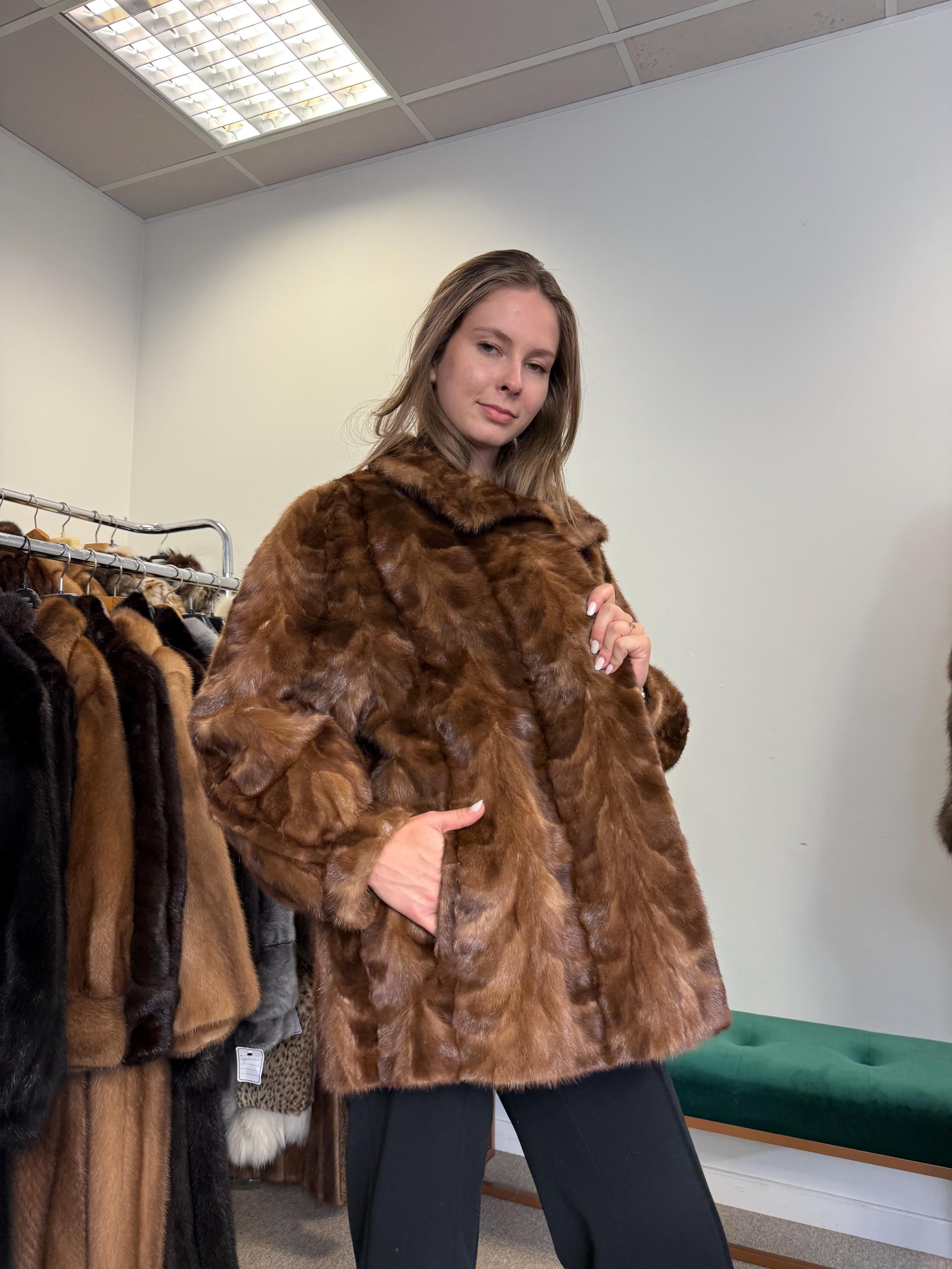 Open front view of pastel brown mink jacket, women’s XL, soft real vintage fur.