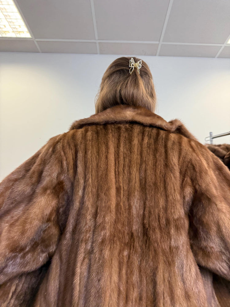 Interior lining detail of pastel mink fur coat, women’s XL, vintage high-quality fur.