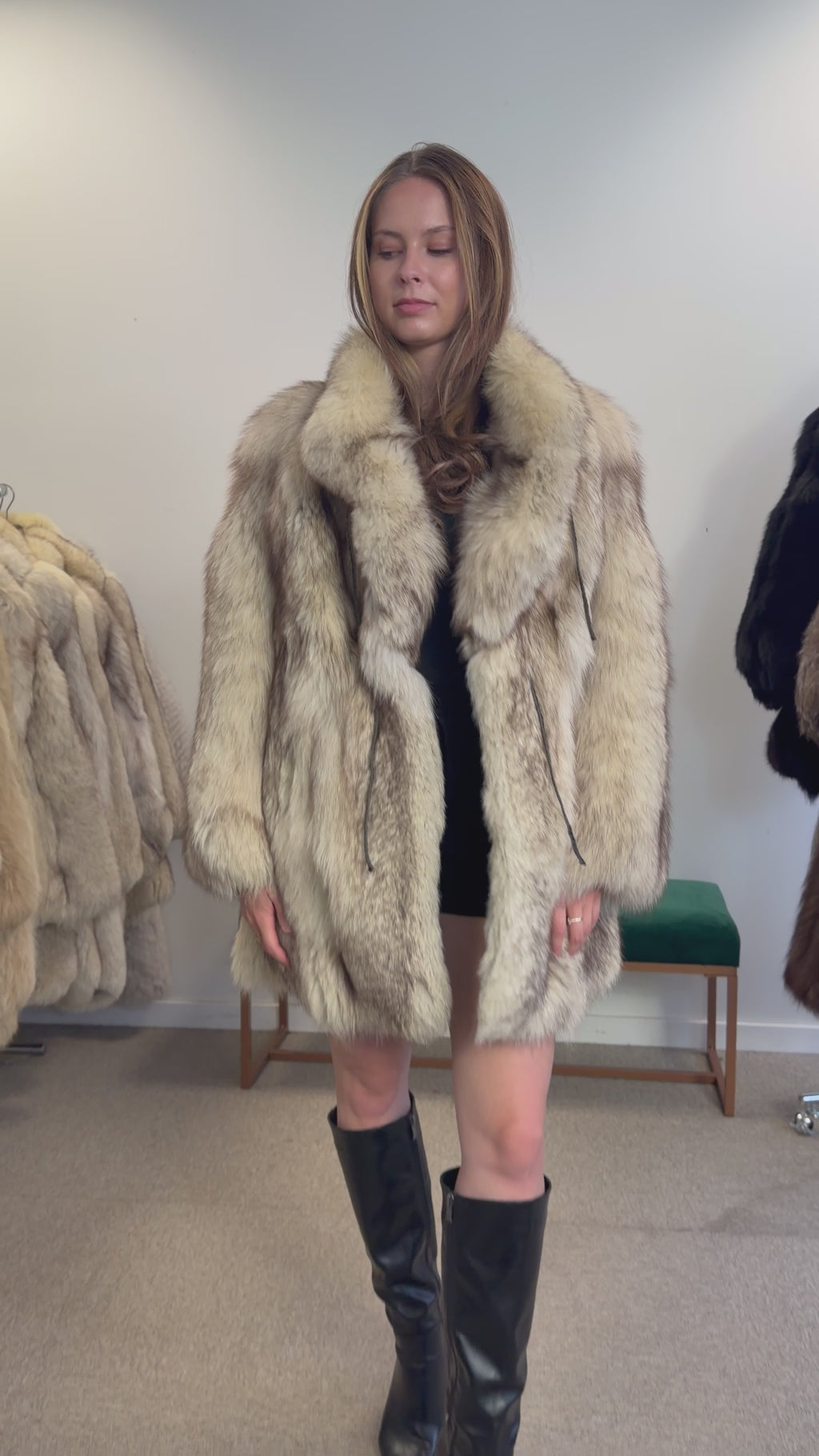Blue Fox Fur Coat, White, Size L