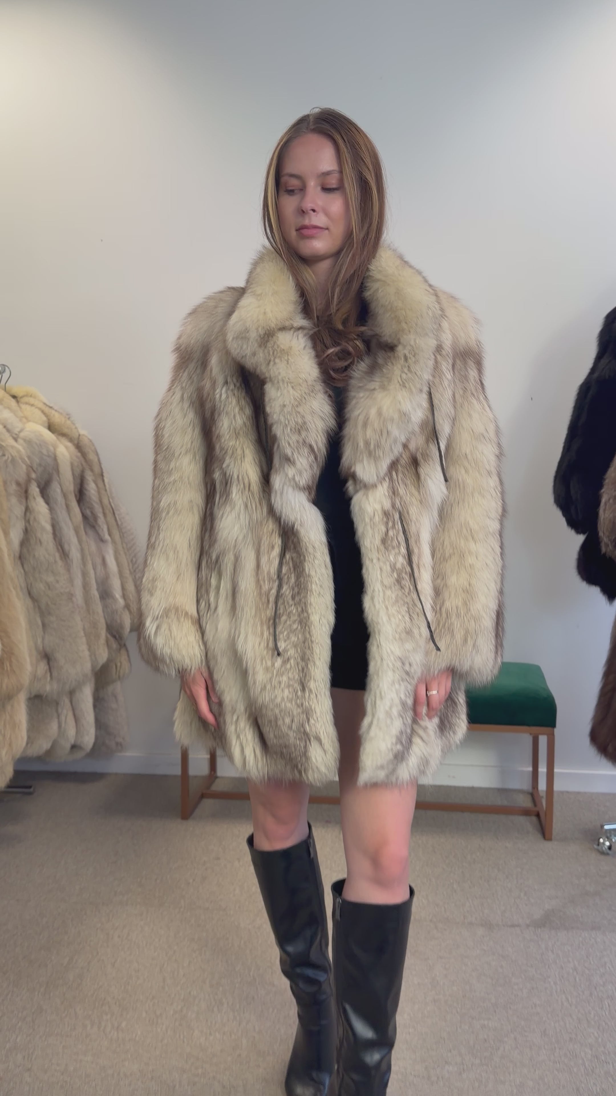 Blue Fox Fur Coat, White, Size L