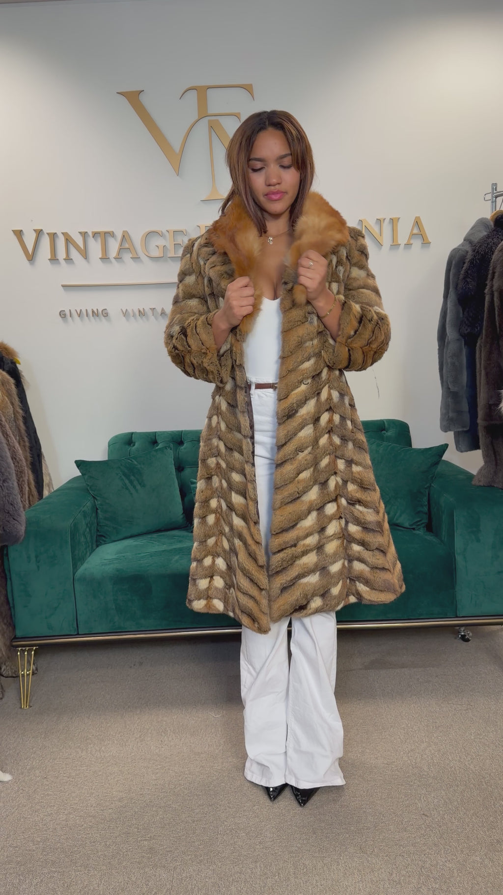 Hamster Fur Coat with Red Fox Collar, Medium, Rare Luxury