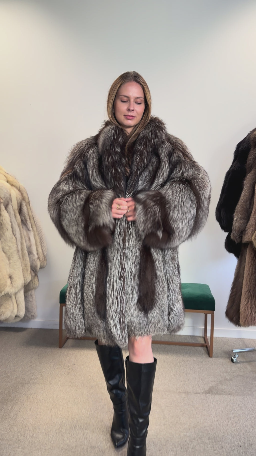 Real Silver Fox Fur Coat, Knee Length, Size L