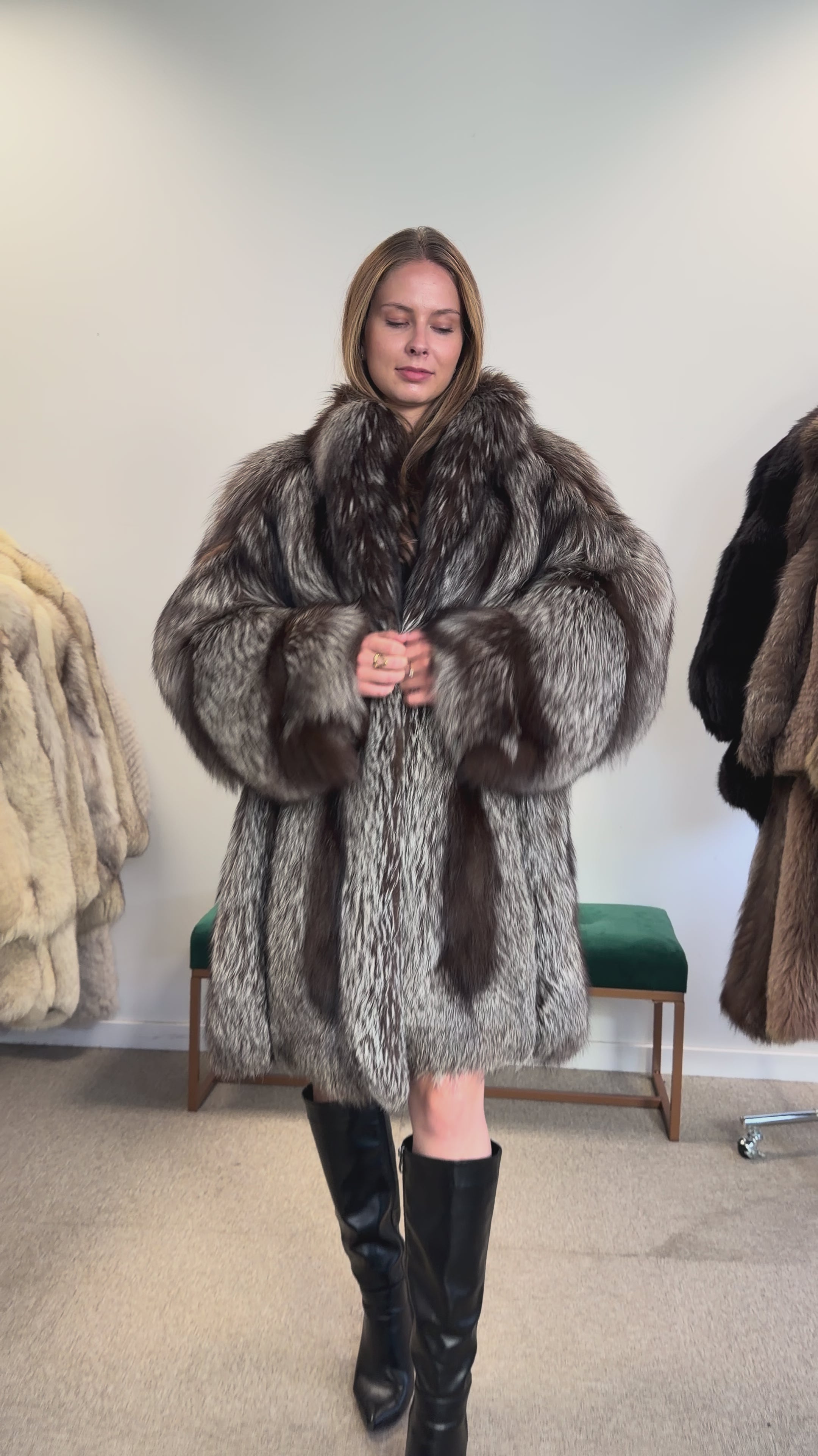 Real Silver Fox Fur Coat, Knee Length, Size L