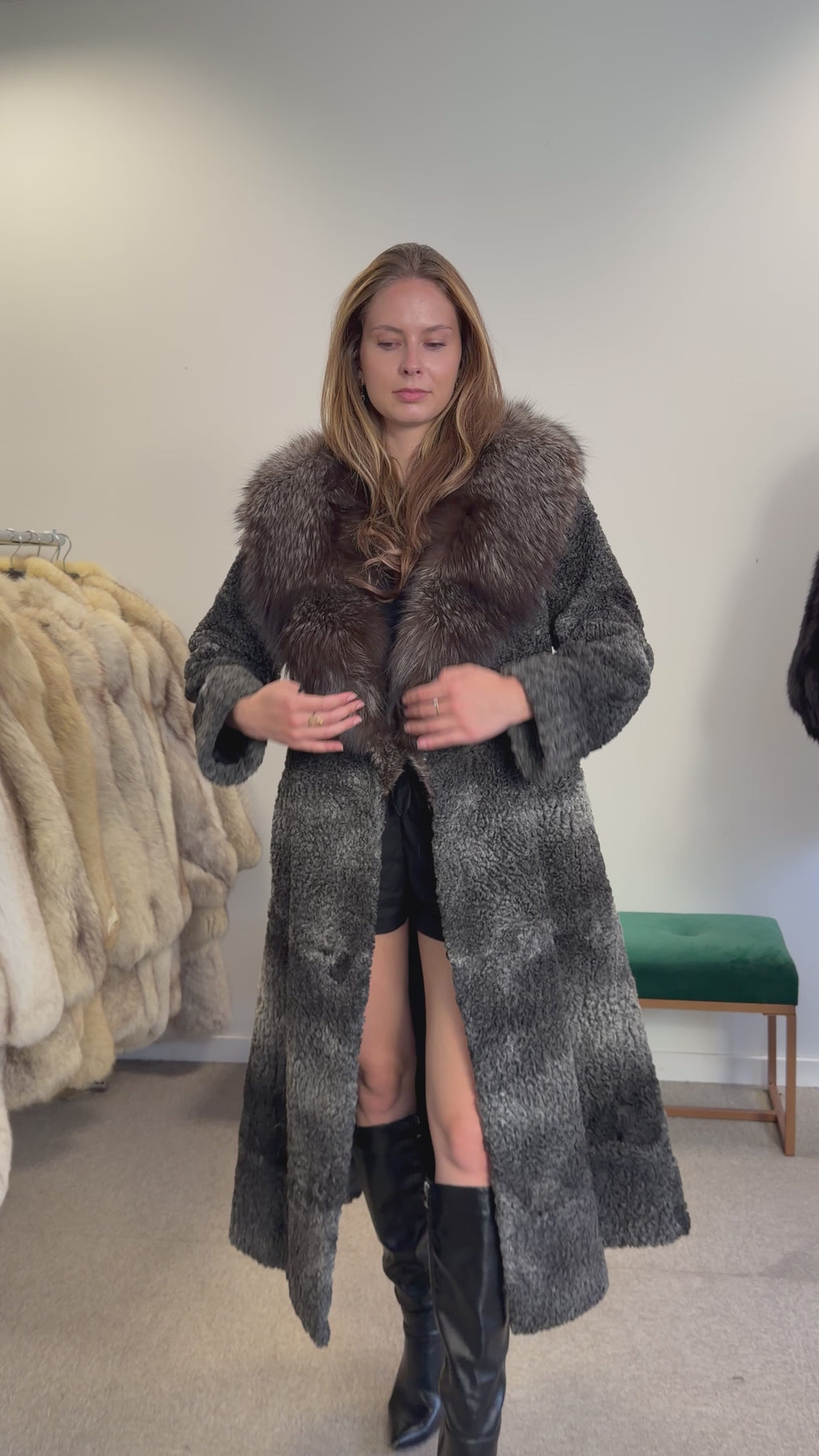 Grey Astrakhan Fur Coat, Silver Fox Collar, Medium, Special Style