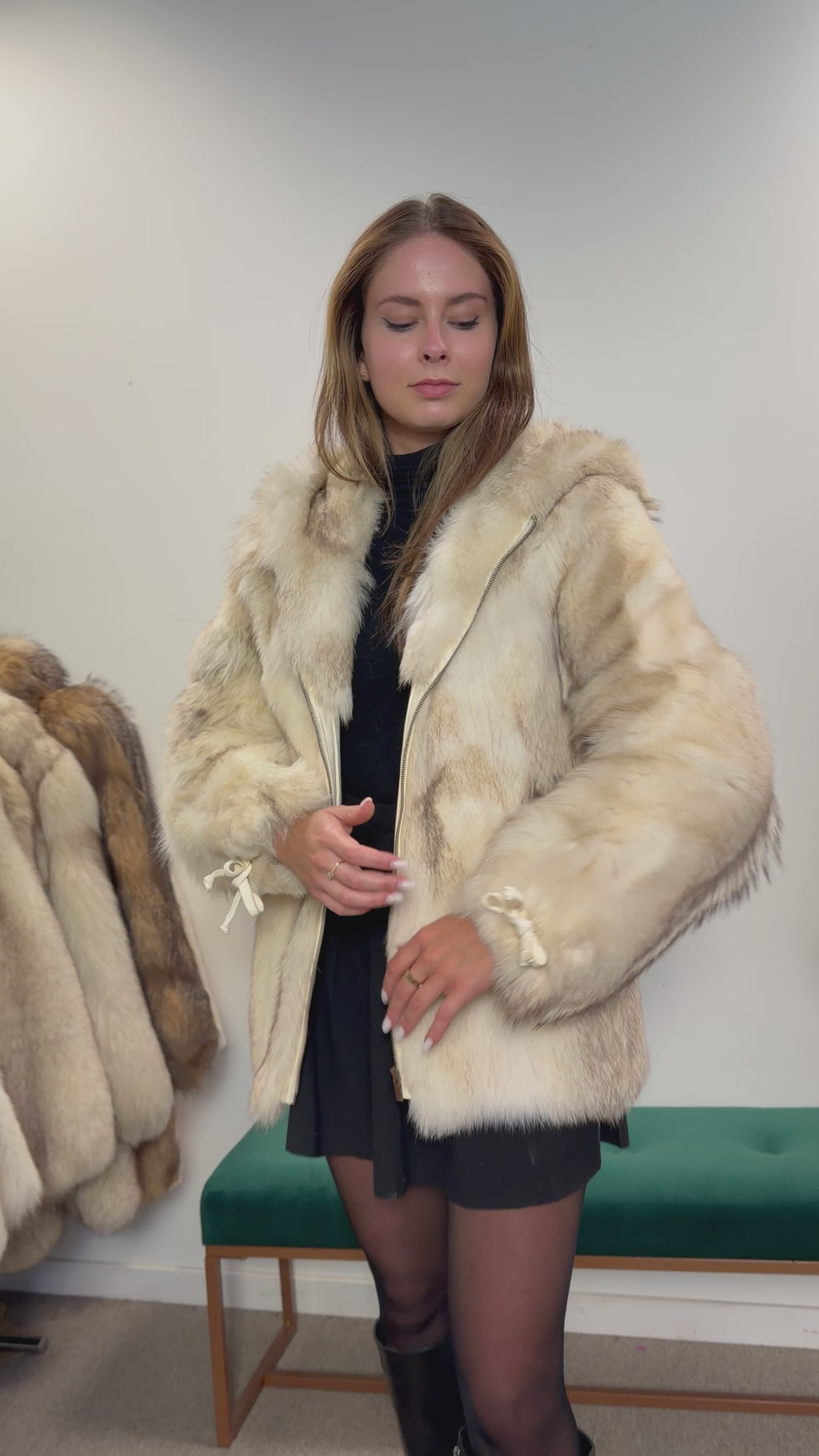 White Fox Fur Jacket, Hooded, Size M