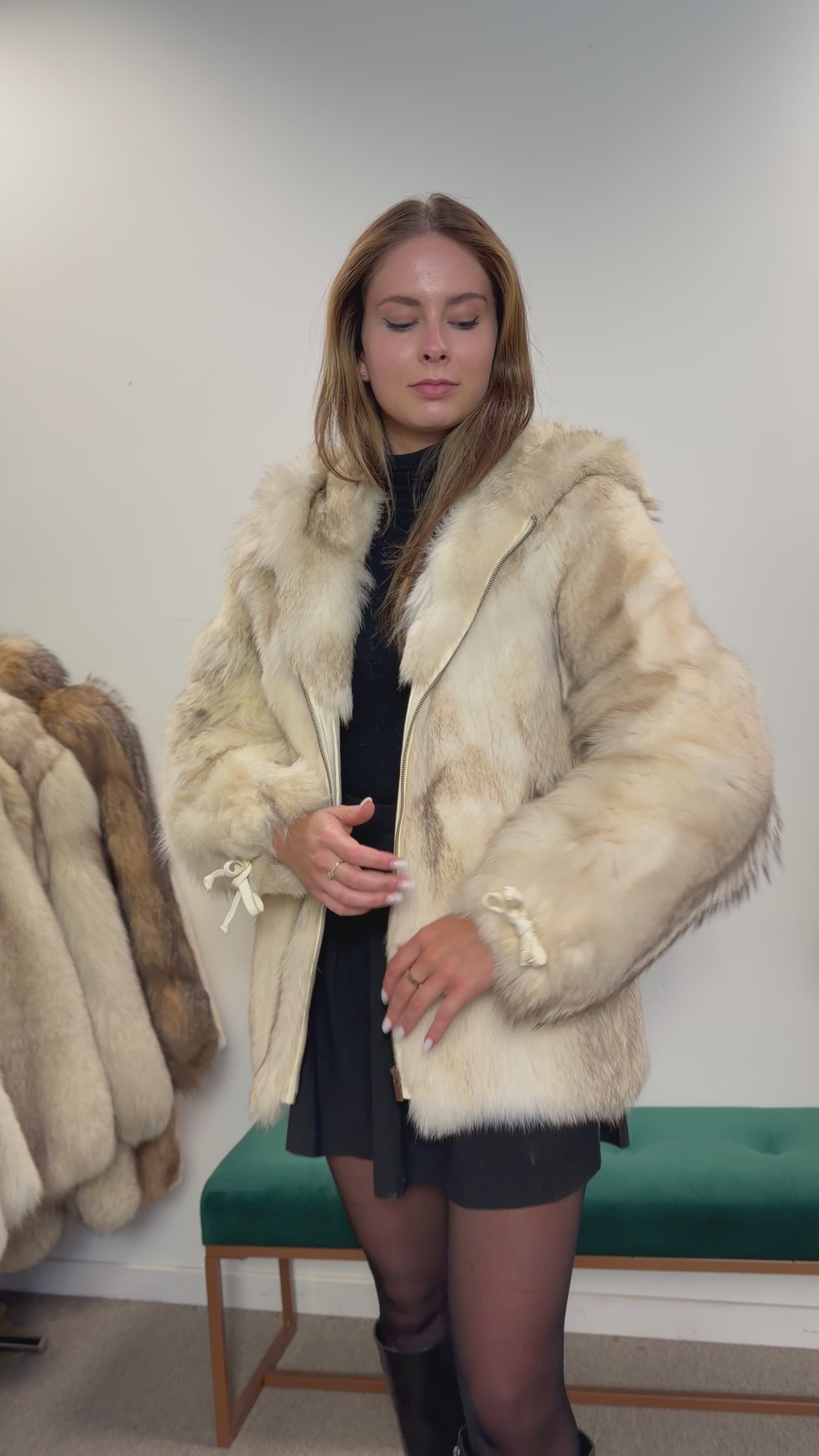 White Fox Fur Jacket, Hooded, Size M