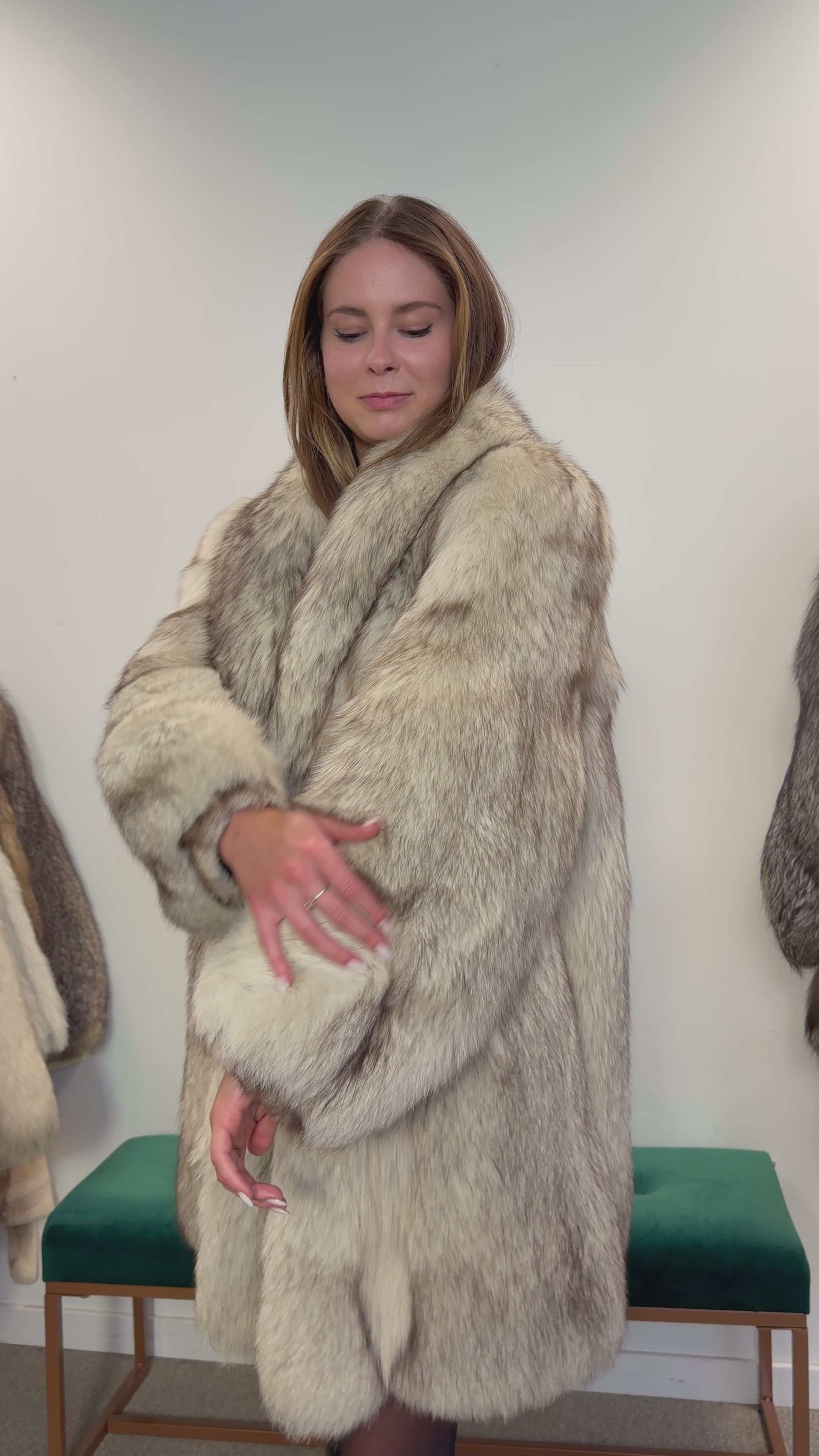 White Nordic Fox Real Fur Coat, Size L