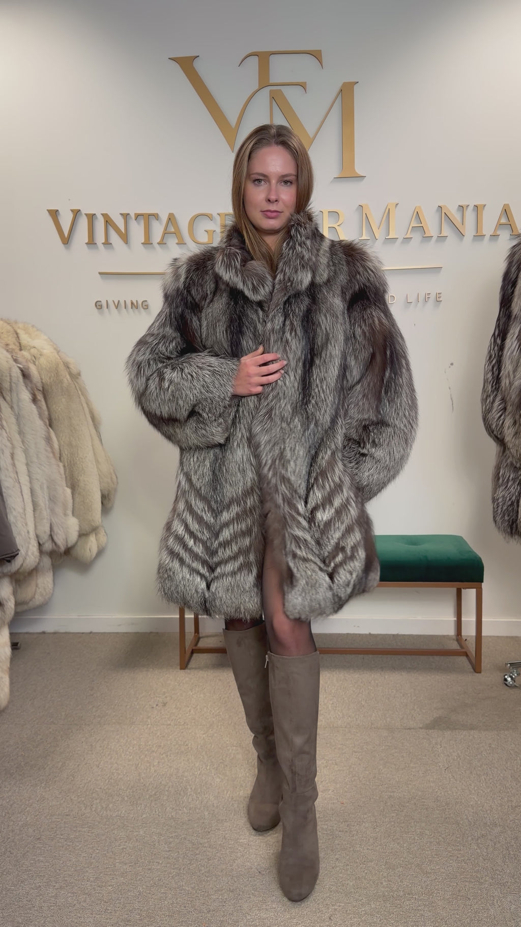 Silver Fox Fur Coat, Medium, Trimmed, Luxury