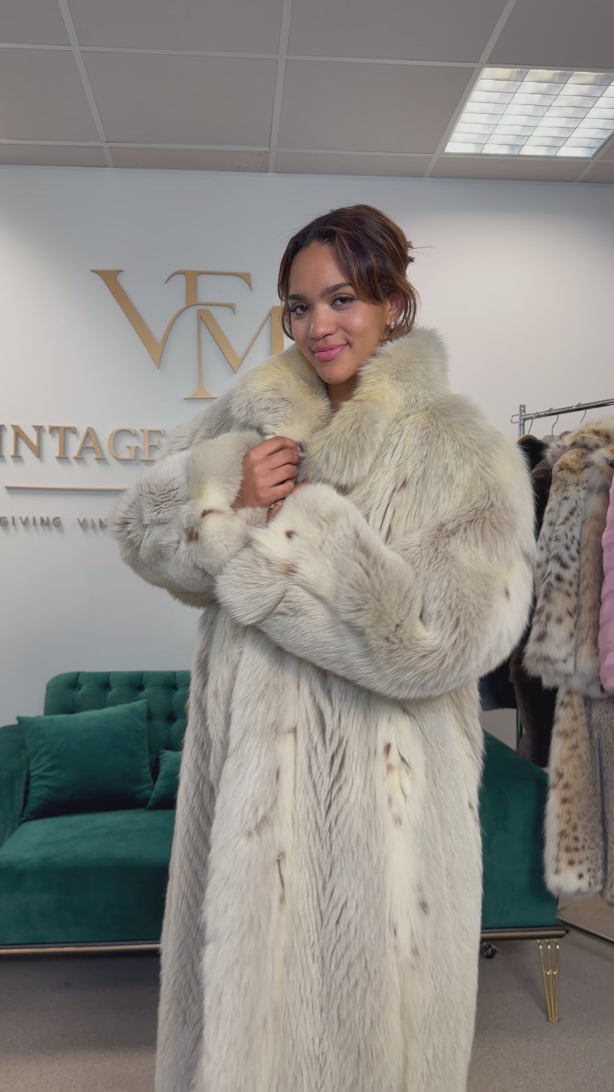 White Lynx Fox Fur Coat, Large, Full Length