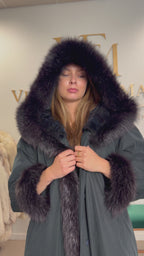 Blue & Black Mink-Lined Overcoat, XL, Hooded, Fox Collar